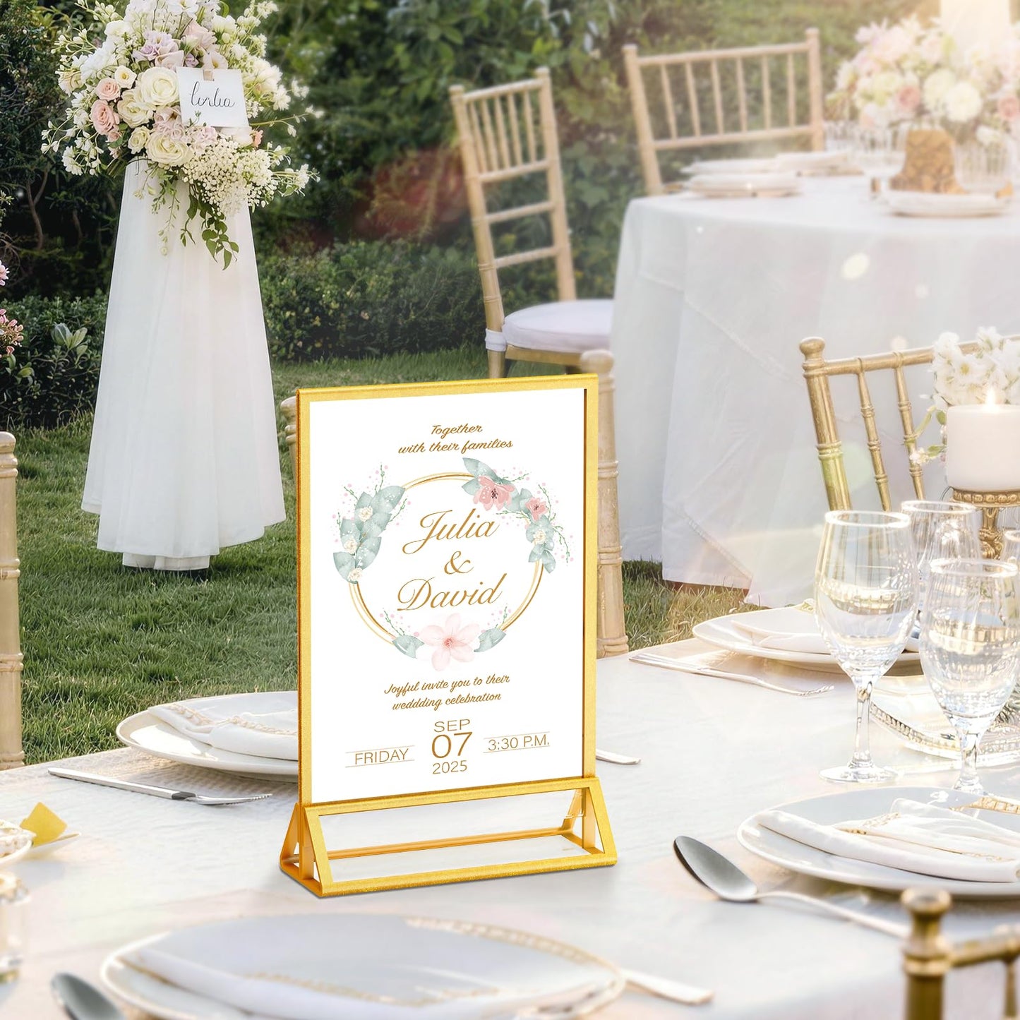 PPH-Sisy 5x7 Acrylic Sign Holder, 14 Pack Gold Picture Frame Double-Sided Clear Acrylic Sign Holder Flyer Menu Holder, Wedding Table Number Stands, Photo Frames for Office Home Event