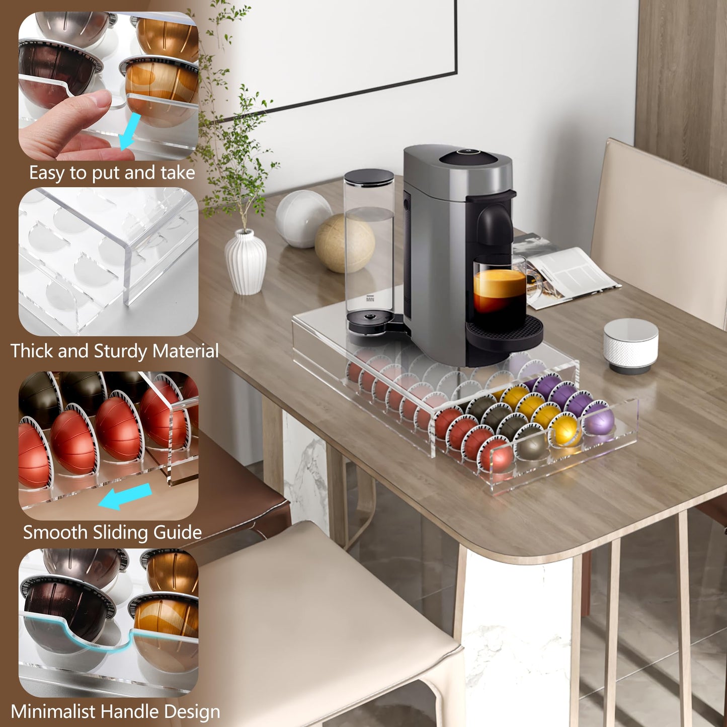 BXINREDA Acrylic Coffee Pod Organizer for Nespresso Vertuo Pod Holder 40 Pods Clear Vertuo Pod Storage Drawer (1 Tier) (Clear)