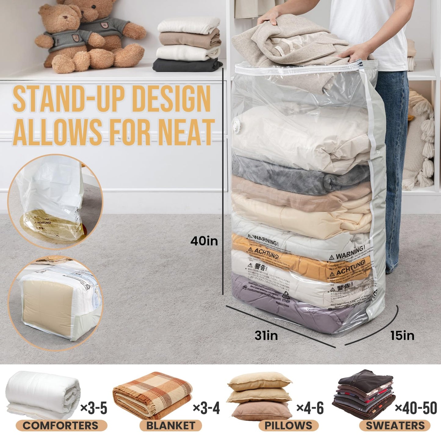 TAILI Vacuum Storage Bags 4 Pack, Jumbo Cube (31x40x15 Inch), Extra Large Vacuum Seal Bags for Clothing, Comforters, Blankets, Pillow, Bedding, Sweater, Closet Organizers, Space Saving, Cream