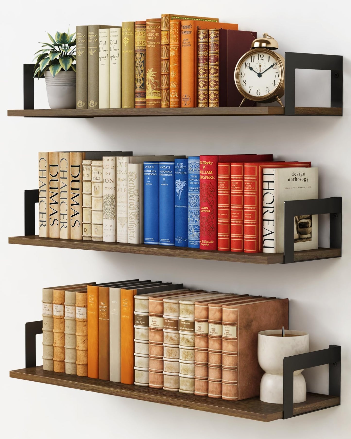 Harwaya Floating Book Shelves for Wall 3-Pack, 24 Inch Long Wall Mount Bookshelf for Bedroom, Rustic Farmhouse Wood Hanging Bookshelves for Living Room Office Books Plants (Dark Brown)