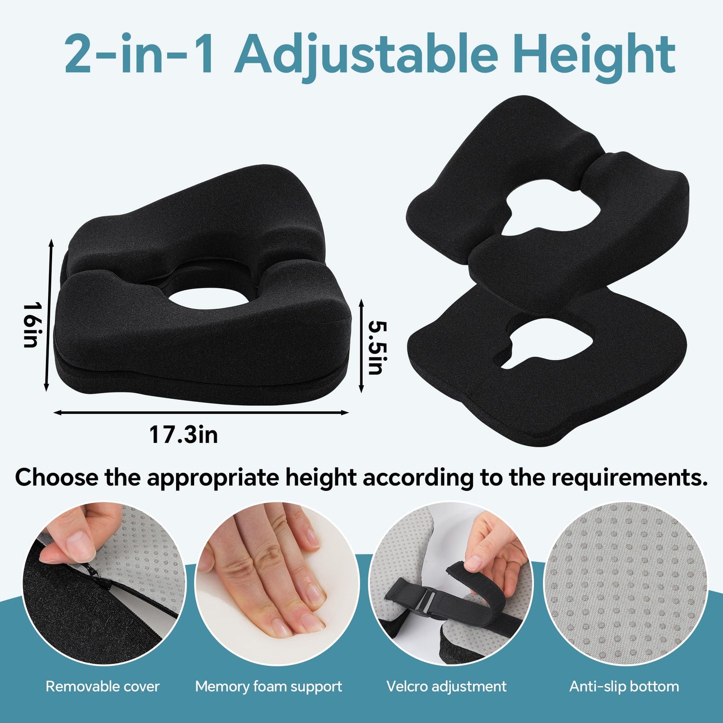 BALAPET Adjustable Bed Sore Cushions for Butt, 2-Layer Memory Foam Bedsore Pressure Relief Pillow for Sleeping and Sitting, Removable T Shaped Opening Tailbone Cushion for Wheelchair (Black)