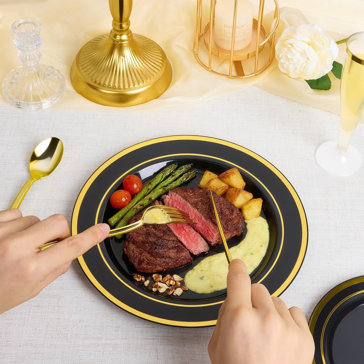 BESTVIP 200PCS Black Plastic Plate with Gold Rim, Disposable Party Plates with 100 Dinner Plates and 100 Dessert Plates, Plastic Plates for Party, Wedding and Birthday