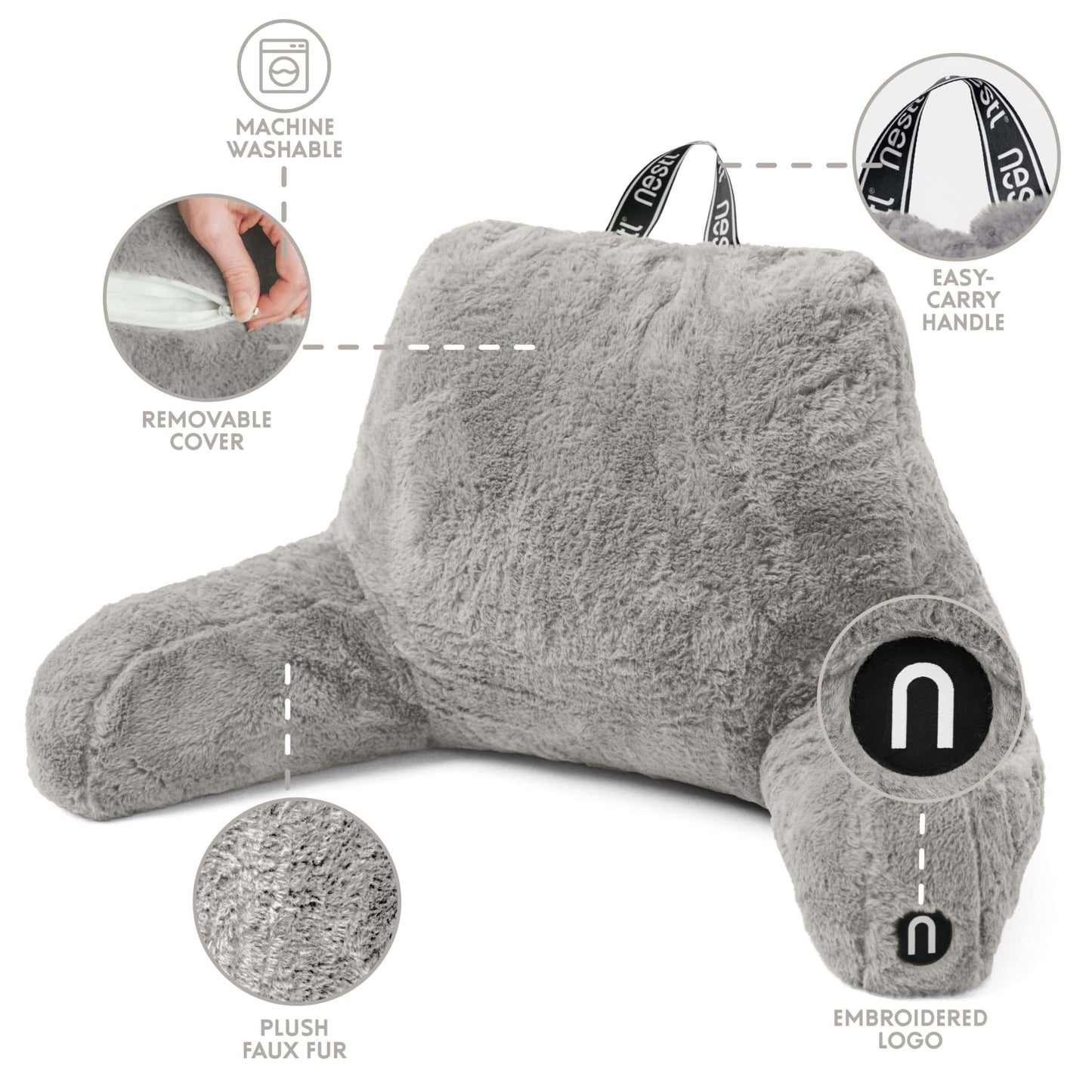 Nestl Fur Reading Pillow with Shredded Memory Foam, Stylish Back Pillow for Bed Sitting Up, Faux Fur Reading Pillows for Sitting in Bed Adult & Kids, Sit Up Back Support Pillow with Arms - Dark Grey