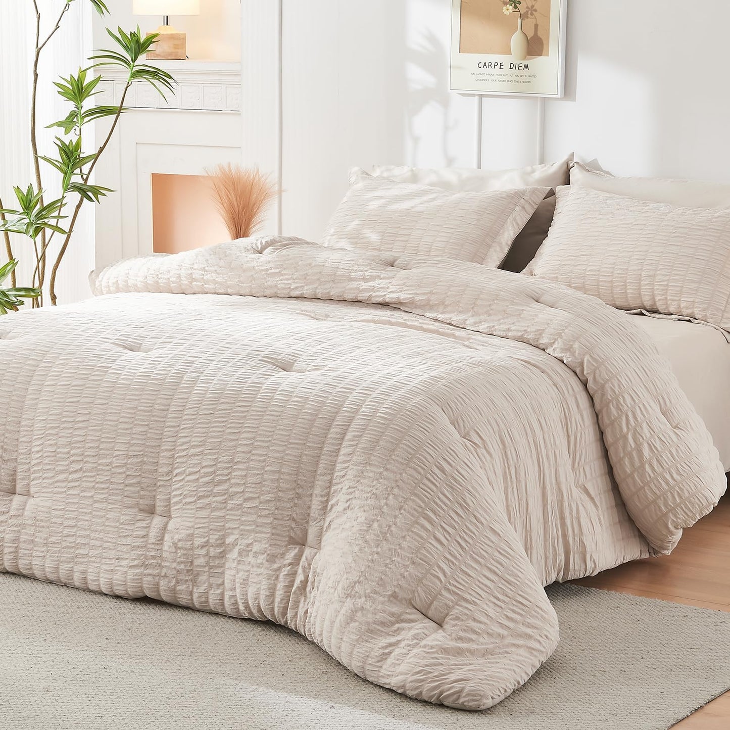 HYMOKEGE Beige Oversized Queen Comforter Set Seersucker 7 Pieces, All Season Luxury Bed in a Bag for Bedroom, Bedding Set with Comforter, Sheets, Pillowcases & Shams