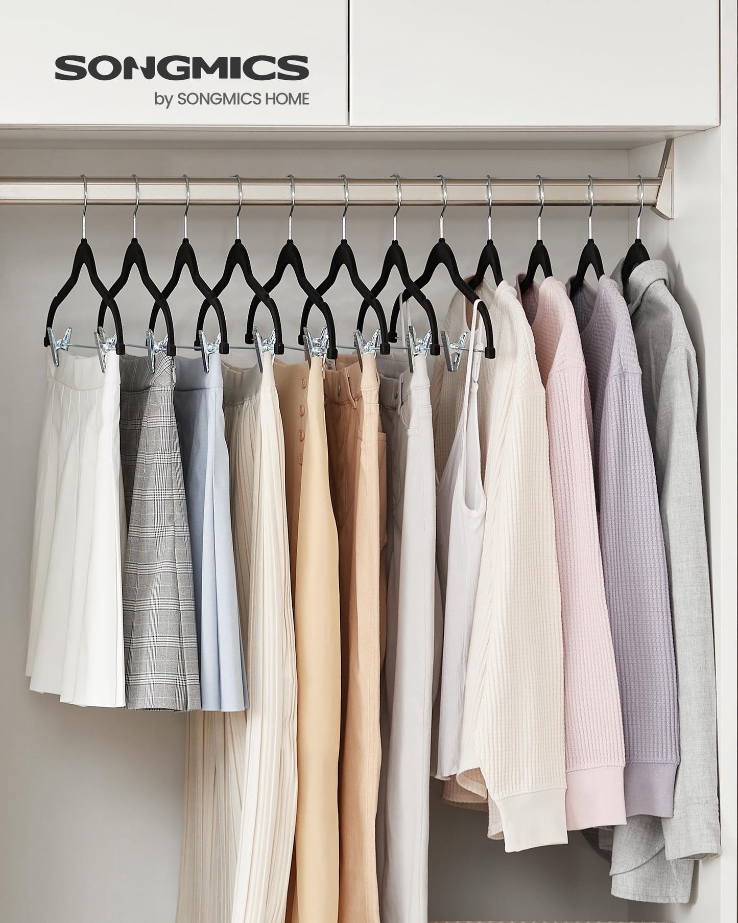 SONGMICS 20-Pack Pants Hangers, 16.7-Inch Long Velvet Hangers with Adjustable Clips, Heavy-Duty, Non-Slip Skirt Hangers, Space-Saving for Pants, Skirts, Coats, Dresses, Black UCRF012B20