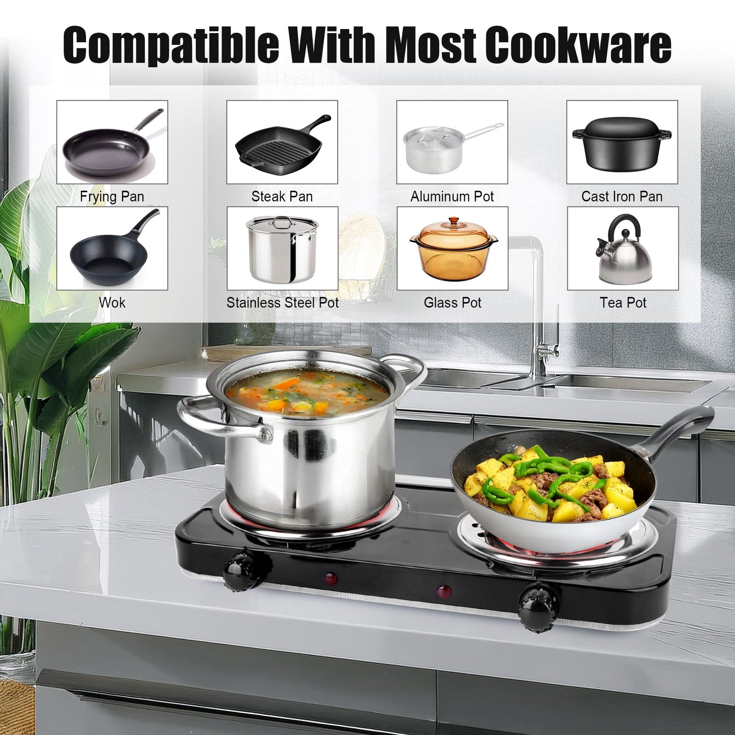 Electric Charcoal Burner Stove, 500W Single Coil Hot Plate Starter with Grill Tongs, 5-Level Temp, Smart Heat Control & Stainless Steel Fast Heating for Cooking top Countertop (3890 Double Black)