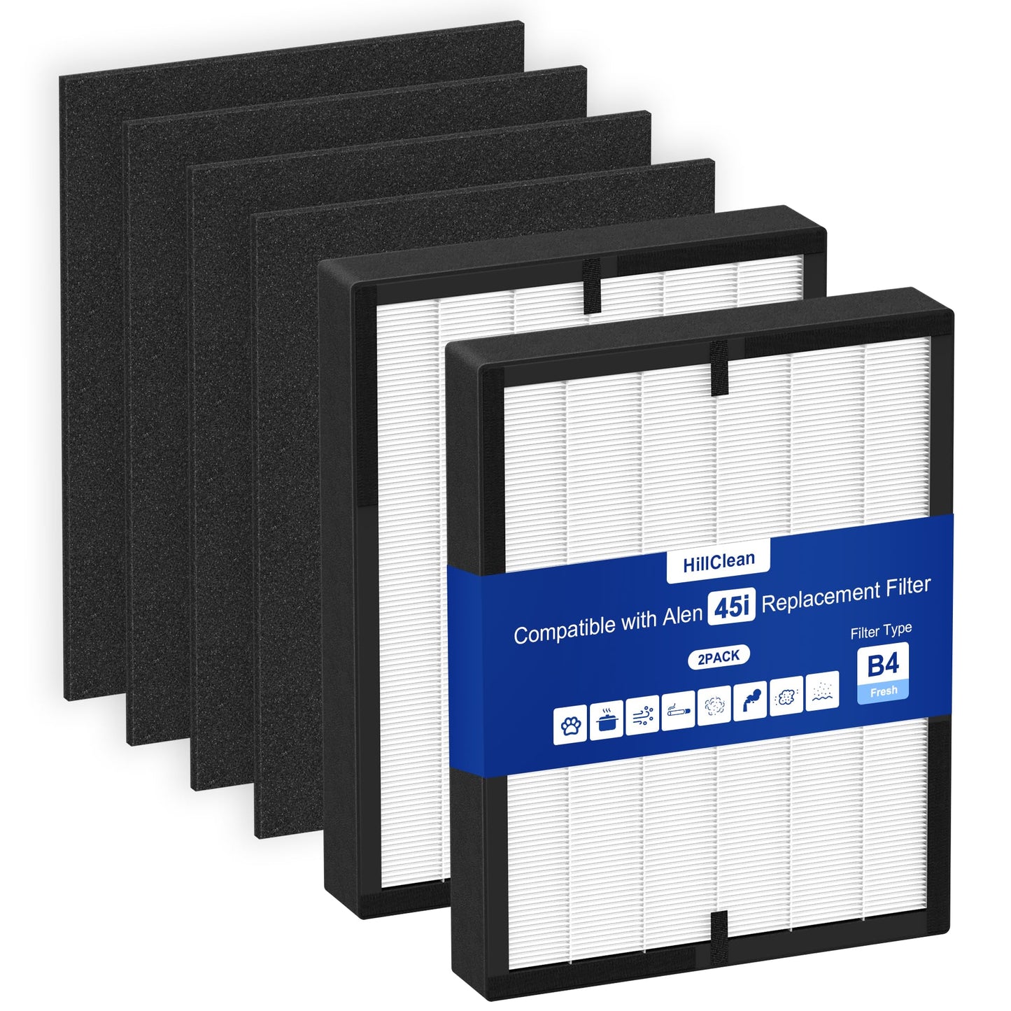 45i Replacement Filter Compatible with A-len Breathe Sm-art Flex and BH400/45i Air Purifiers, 3-in-1 HEPA Filter with 4 Activated Carbon Pre-Filters, B4-Fresh/FL40 Silver-Carbon Replacement (2 Pack)