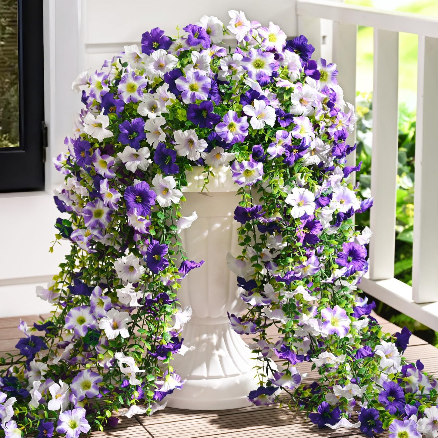 Waipfaru Artificial Petunias Flowers for Outdoors, 4 Pcs UV Resistant Fake Hanging Plants Spring Outside Decor, Faux Silk Flowers Long Trailing Vines for Outdoor Planters Porch Garden (Purple White)
