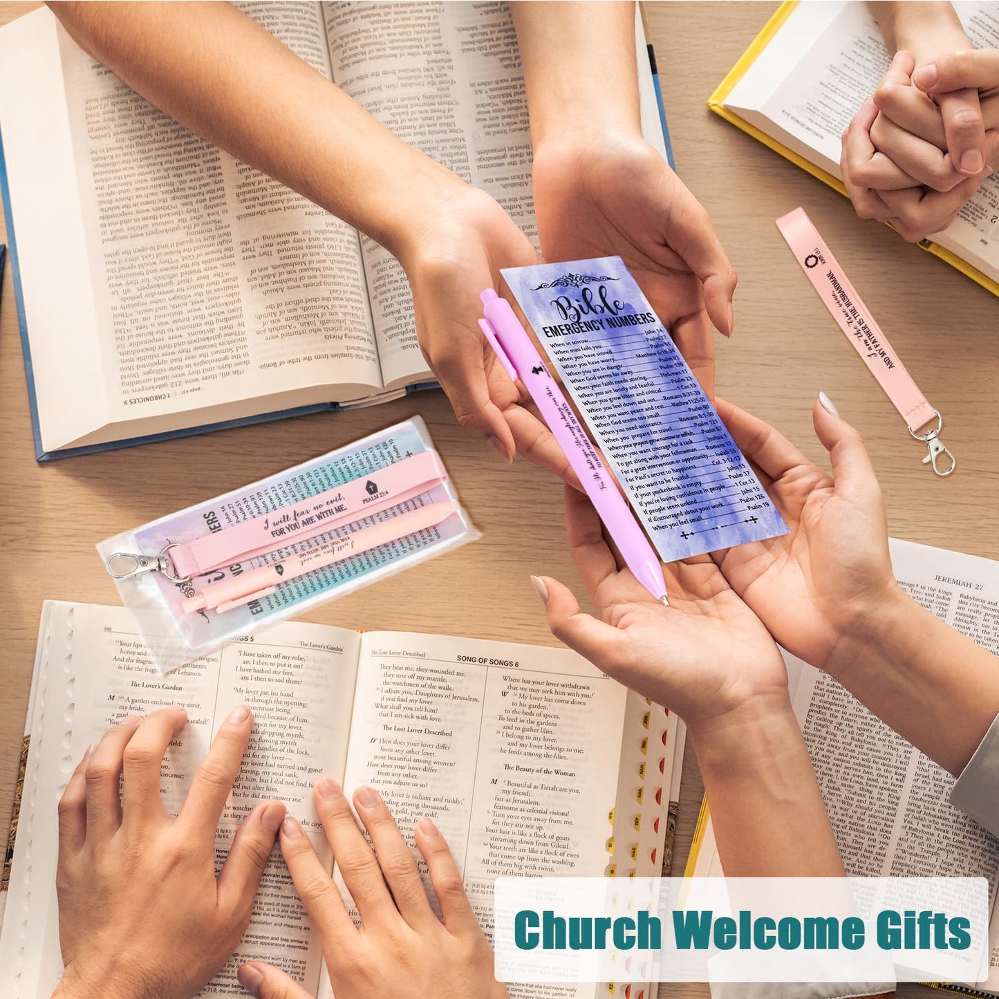 Sinload 50 Set Christian Gift Bulk Bible Emergency Numbers Bookmark with Silicone Keychains Scripture Quote Pen Religious Study Supplies for Father Day Church Bible Study Group (Watercolor)