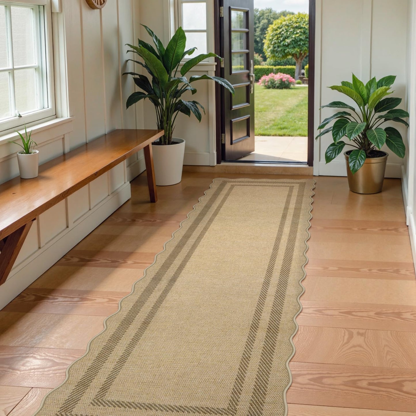 LIVEBOX Scalloped Washable 2x8 Kitchen Runner Rug, Easy Jute Geometric Tan Rugs for Hallway Runner Entryway, Indoor Outdoor Non Slip Rug Farmhouse Modern Carpet Door Mat for Porch Laundry Room