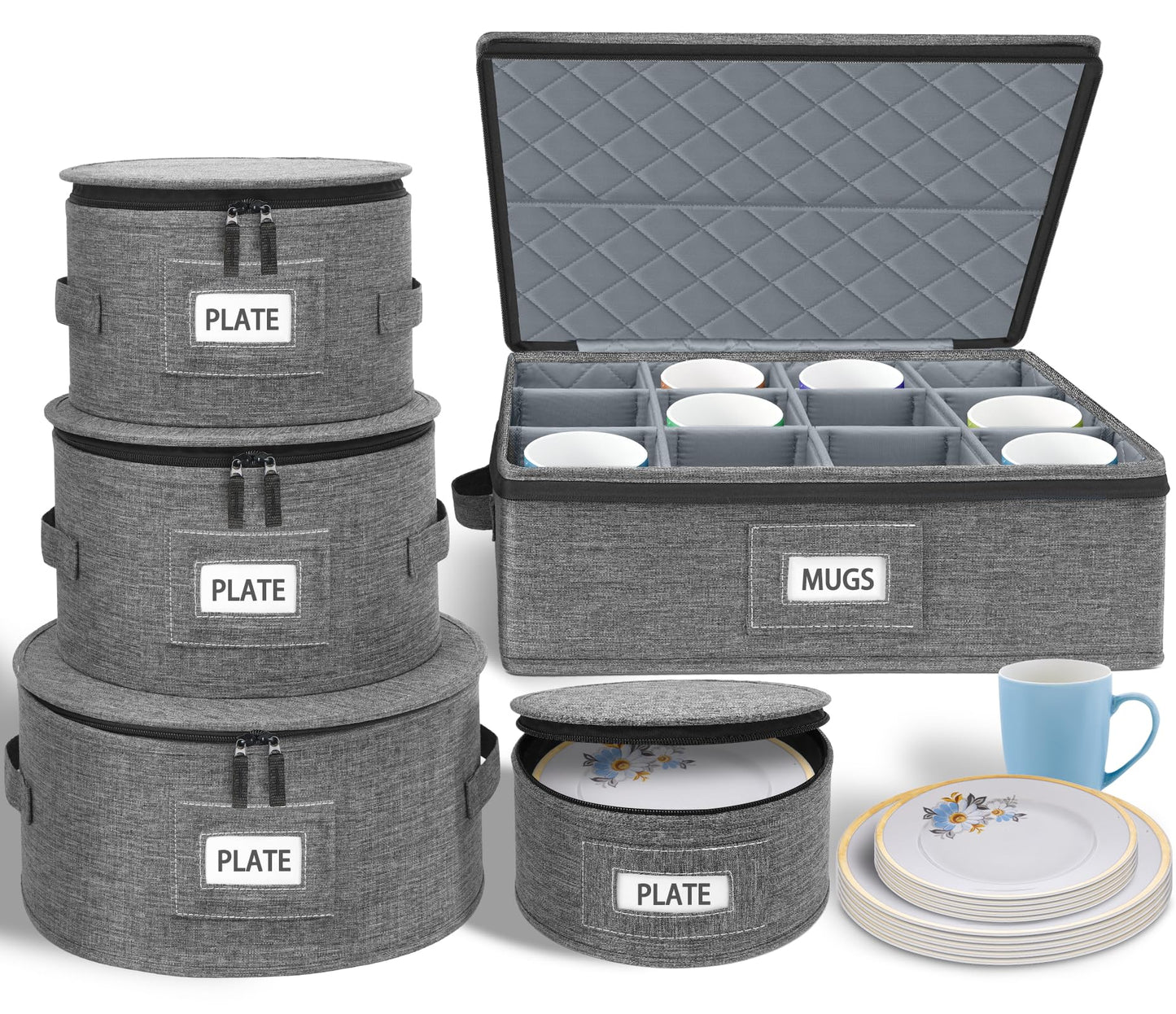 punemi China Storage Containers 5-Piece Set w/Hard Shell Sides & Bottom, Quilted Stackable Plate & Dish Storage Protectors, Adjustable Mug and Cup Storage Organizer for Moving and Dinnerware storage