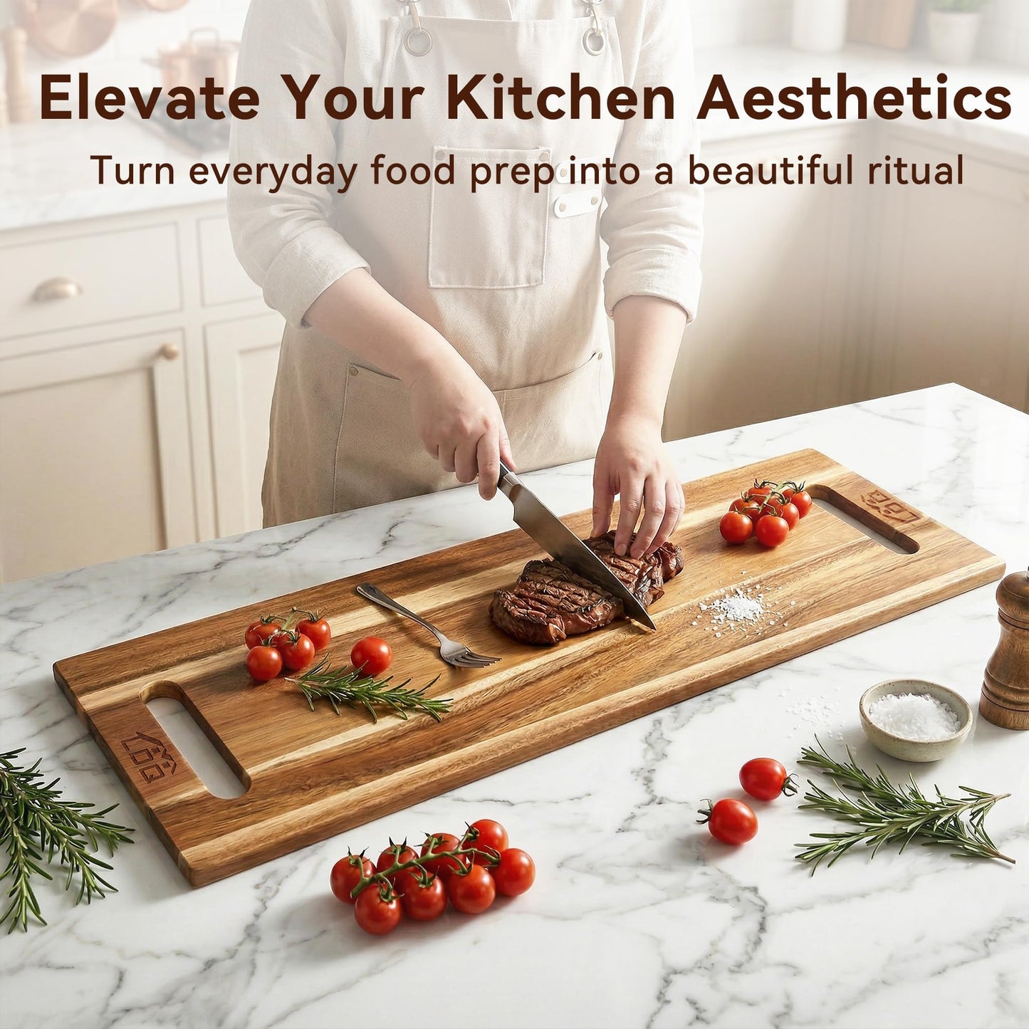 LDQ 36 x 11 Inch Extra Large Charcuterie Board, Acacia Wood Serving Board with Handles and 2 Stands, Rectangular Cheese Platter, Long Cutting Board and Serving Tray for Meat, Party Appetizers