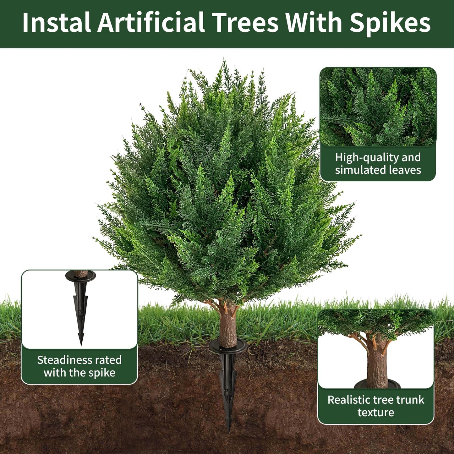 25”Artificial Cedar Topiary Ball Tree Set of 2 with Ground Spikes, UV Resistant Artificial Bushes Fake Plants for Home Front Door Offices
