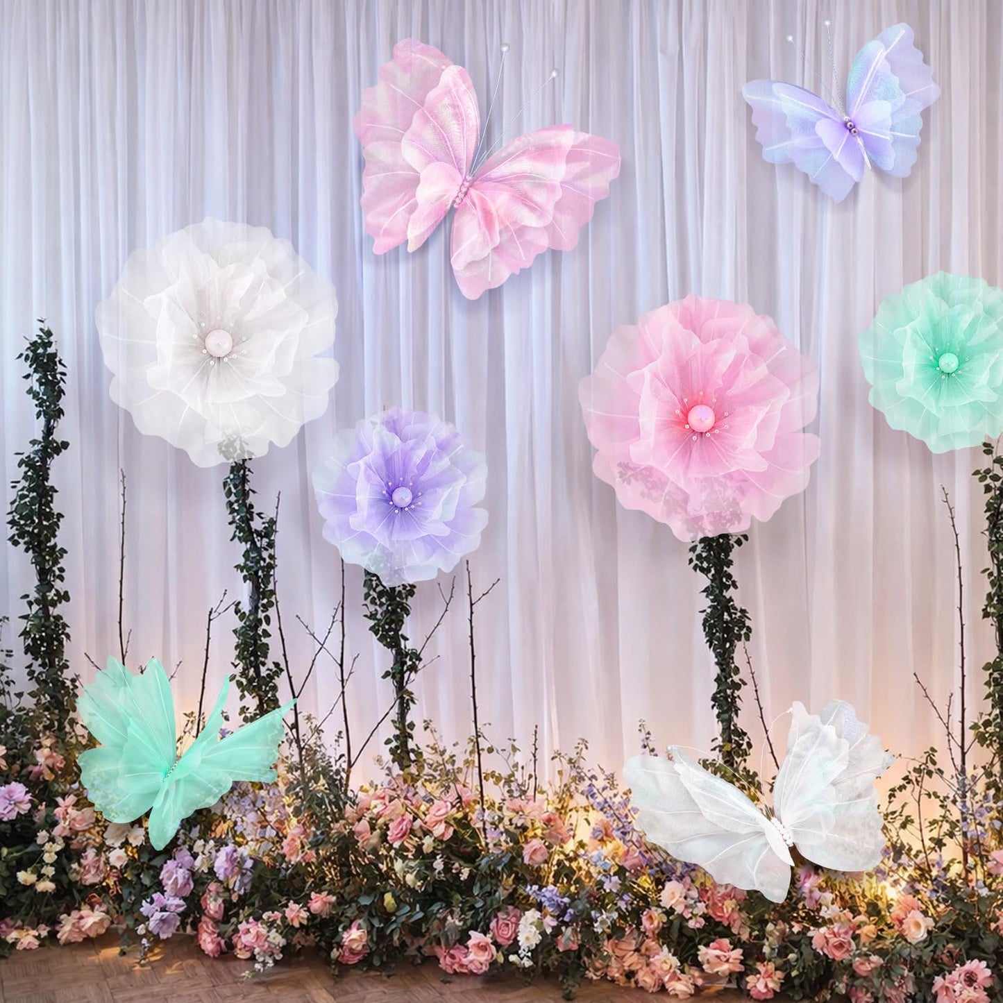 Cinnvoice 8 Pcs Large Butterfly Flower Decorations 20 Inch 12 Inch 3D Giant Silk Butterfly Big Flower Mariposas Grandes para Decoracion for Wedding Backdrop Birthday Party(Pastel)