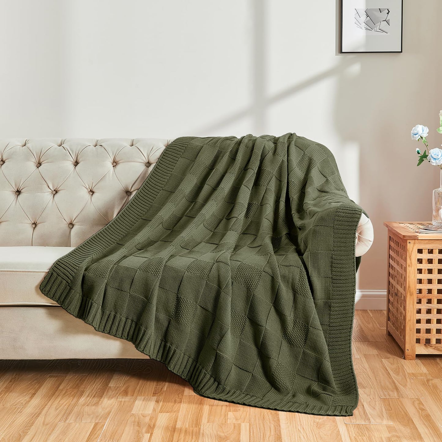 CozeCube Check Knit Throw Blanket, Olive Green Checkered Throw for Couch, Decorative Christmas Soft Cozy Warm Knitted Blanket for Bed Sofa Living Room, 50"X60"