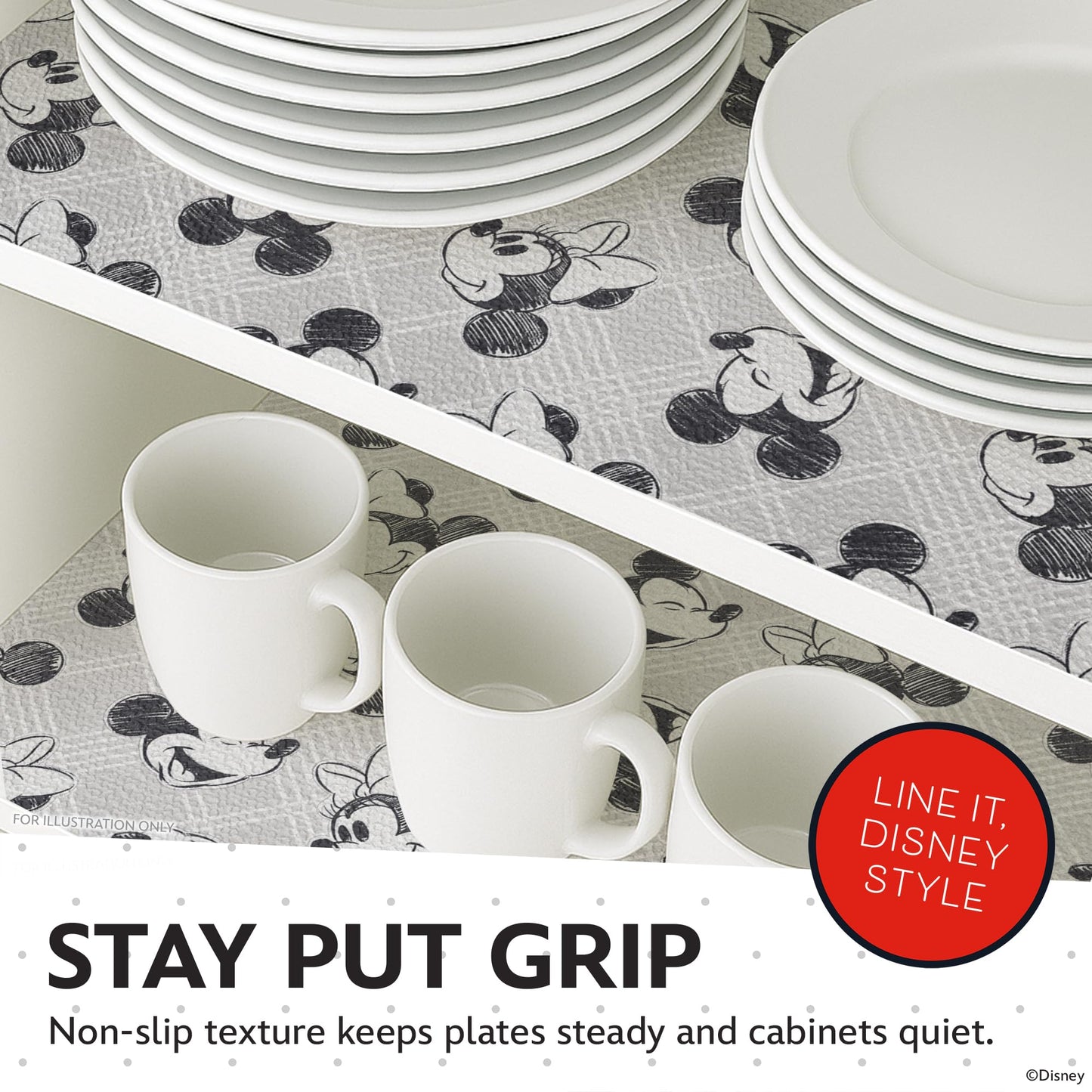 Disney Non Adhesive Shelf Liner – 18”x 10 ft Water-Resistant Drawer Liners for Kitchen Cabinets, Pantry, Fridge & Dressers – Easy Cut Cabinet Liner Roll- Mickey Mouse, Stitch & Winnie The Pooh