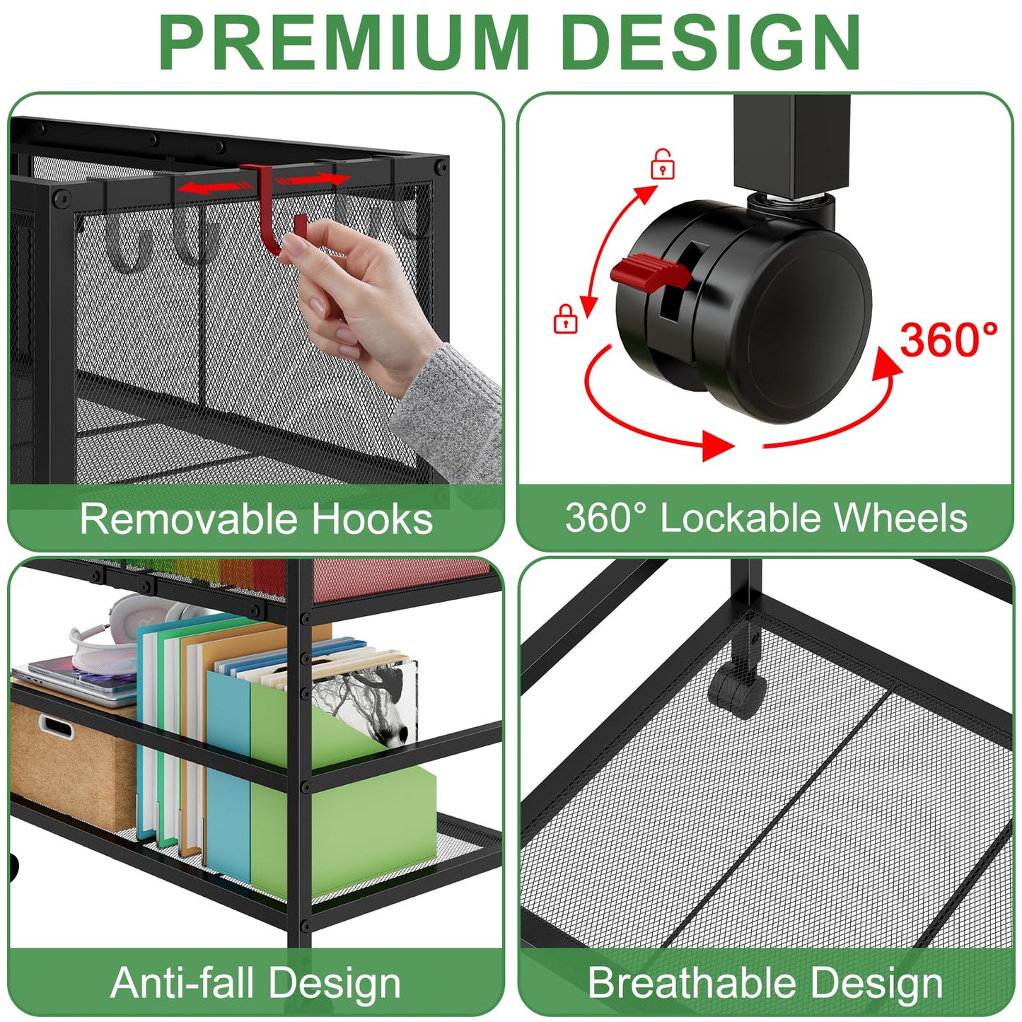 Rolling File Cart for Letter Size, Metal Hanging File Organizer with Storage Shelf, 2-Tier Mobile File Cabinet with 360° Wheels & Hooks, Under Desk Filing Cabinets for Home Office, Black