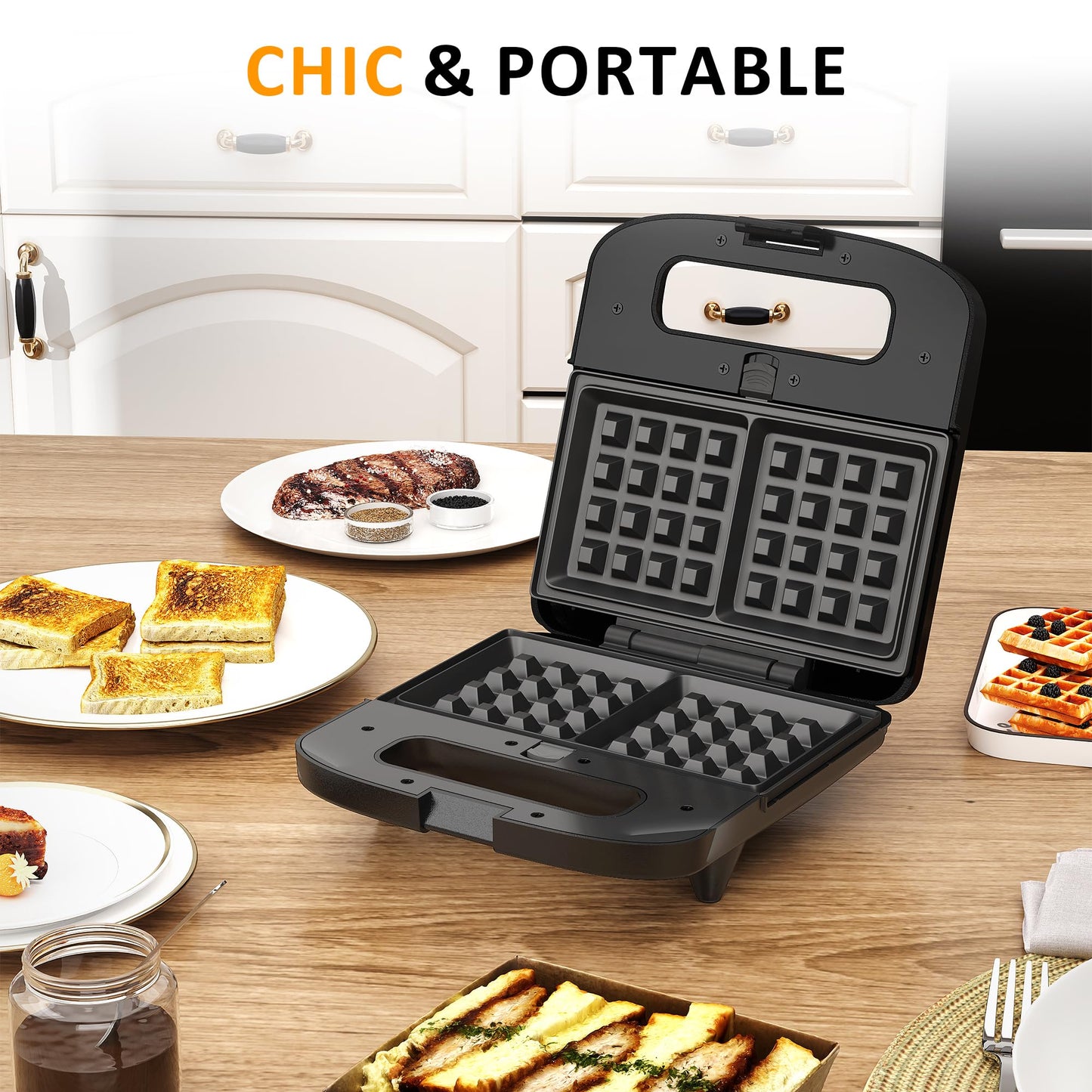 SUNVIVIPRO 3 in 1 Waffle, Grill & Sandwich Maker, Sandwich Maker Panini Press Waffle Iron Set with Removable Non-Stick Plates & Indicator Lights, Panini Press Grill for Breakfast, 800W, Black