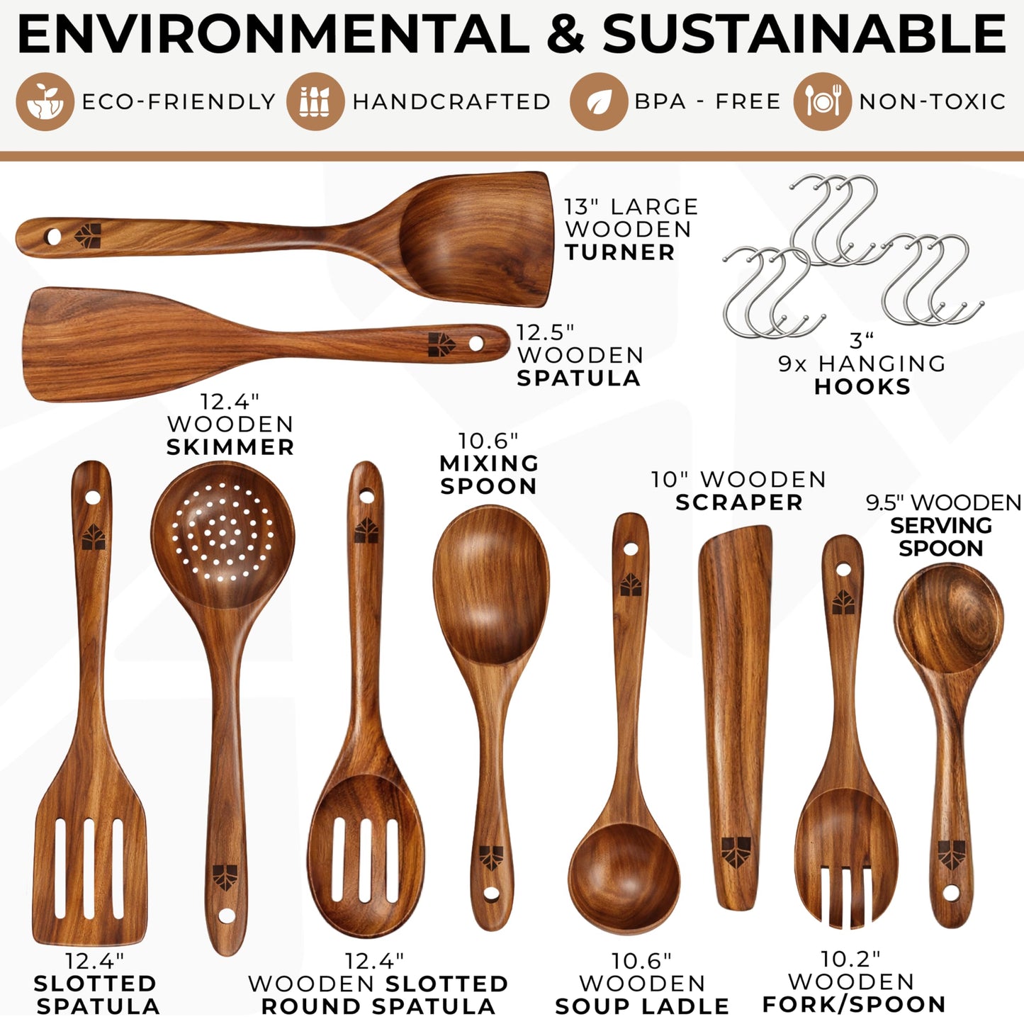 Wooden Spoons for Cooking – 10 Pcs Premium Teak Wooden Utensil Set with Hooks - Durable, Nonstick Safe, Easy to Clean & Heat Resistant with Ergonomic Handles