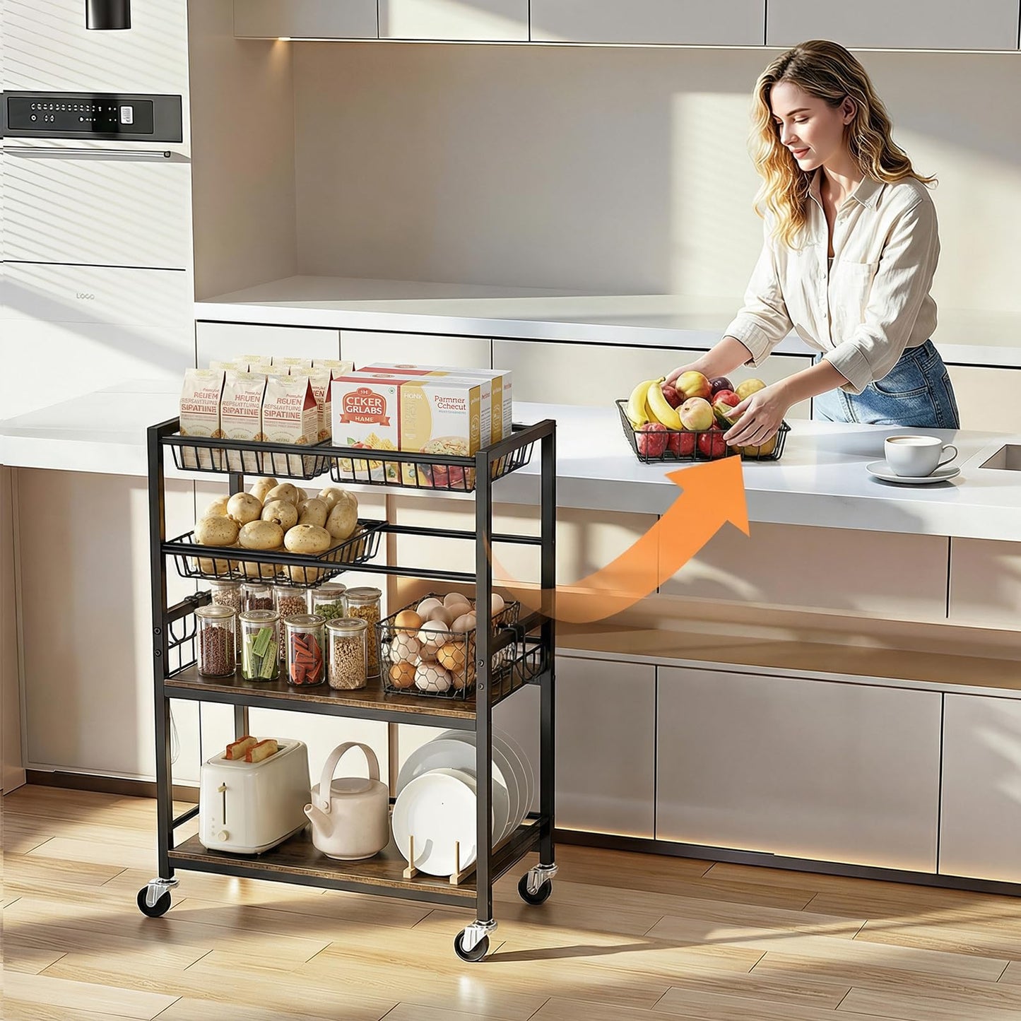Kssiaz Fruit Vegetable Storage Cart, 4-Tier Rolling Kitchen Storage Cart, Fruit & Vegetables Basket Stand, Snack Organizer Shelf Unit for Kitchen, Bathroom, Living Room, Office, Balcony, Black