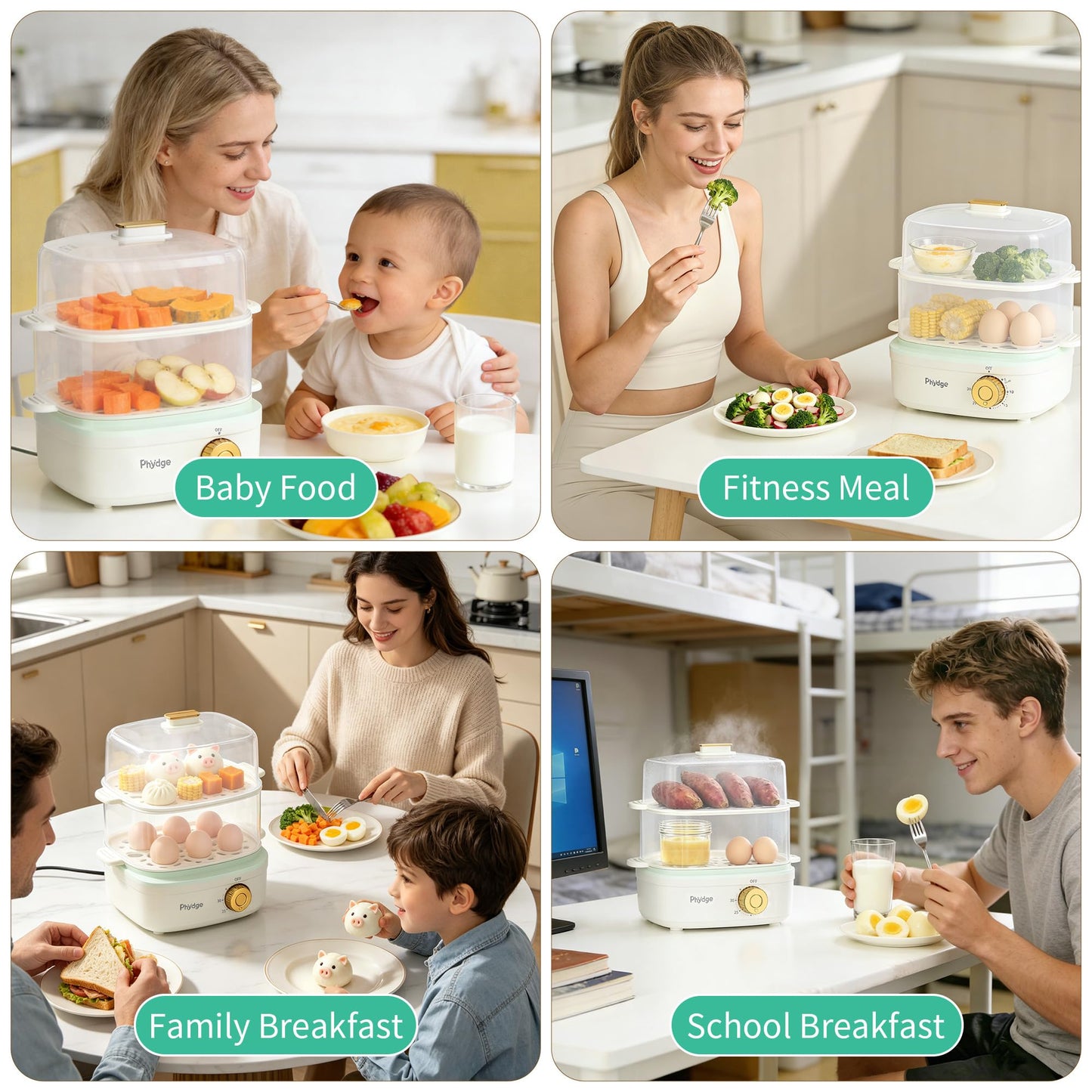 Electric Food Steamer for Cooking, 2-Tier Rapid Egg Cooker, Stackable Steam Cooker for Baby Food, Meal Prep, Quick Healthy Cooking for Vegetables, BPA-Free, 30-Min Timer, 3 Containers&1 Spoon Included