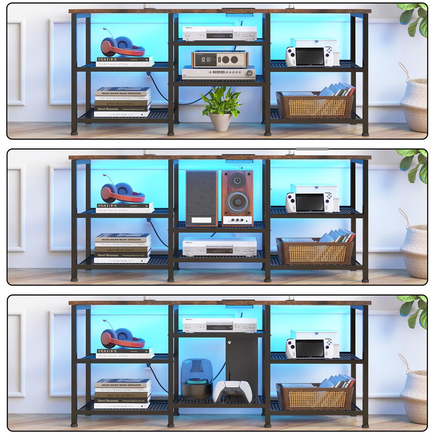 YGEOMER TV Stand for Living Room TVs Up to 55 Inches, Entertainment Center with Power Outlet and LED Lights Open Storage Shelves, TV Console for Bedroom, Rustic Brown