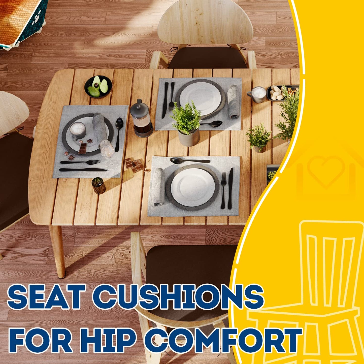 AAAAAcessories D-Shaped Chair Cushions, 2" Thick Dining Chair Pads with Ties and Removable, Machine-Washable Cover, 17" x 16", Set of 4, Brown