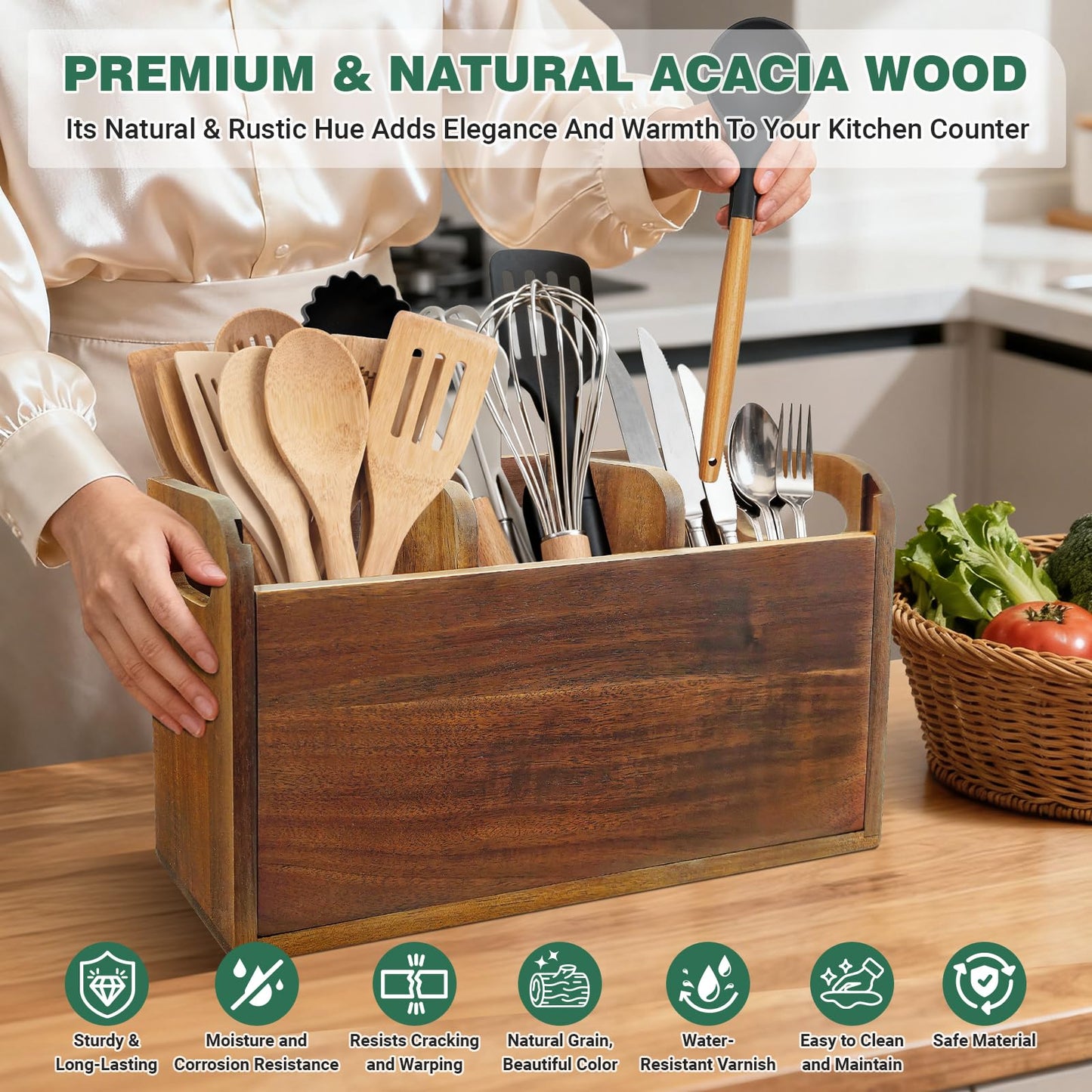 LAGOUPICK Kitchen Utensil Holder for Countertop with 4 Compartments Acacia Large Utensil Holder Wooden Storage for Cooking,Baking,Flatware Tool Kitchen Utensil Organizer