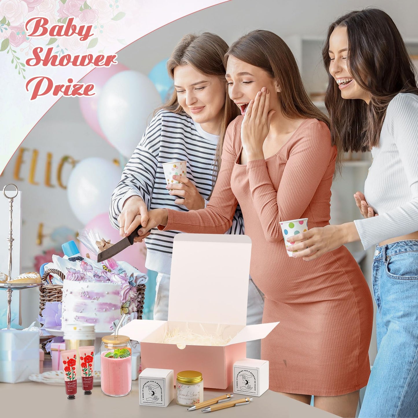Reallnaive 6 Sets Baby Shower Prizes for Game Winners, Baby Shower Favors Including Glass Cup Scented Candles Hand Cream Pens Gift Box with Raffia for Gender Reveal Wedding Bridal Party Prizes(Pink)