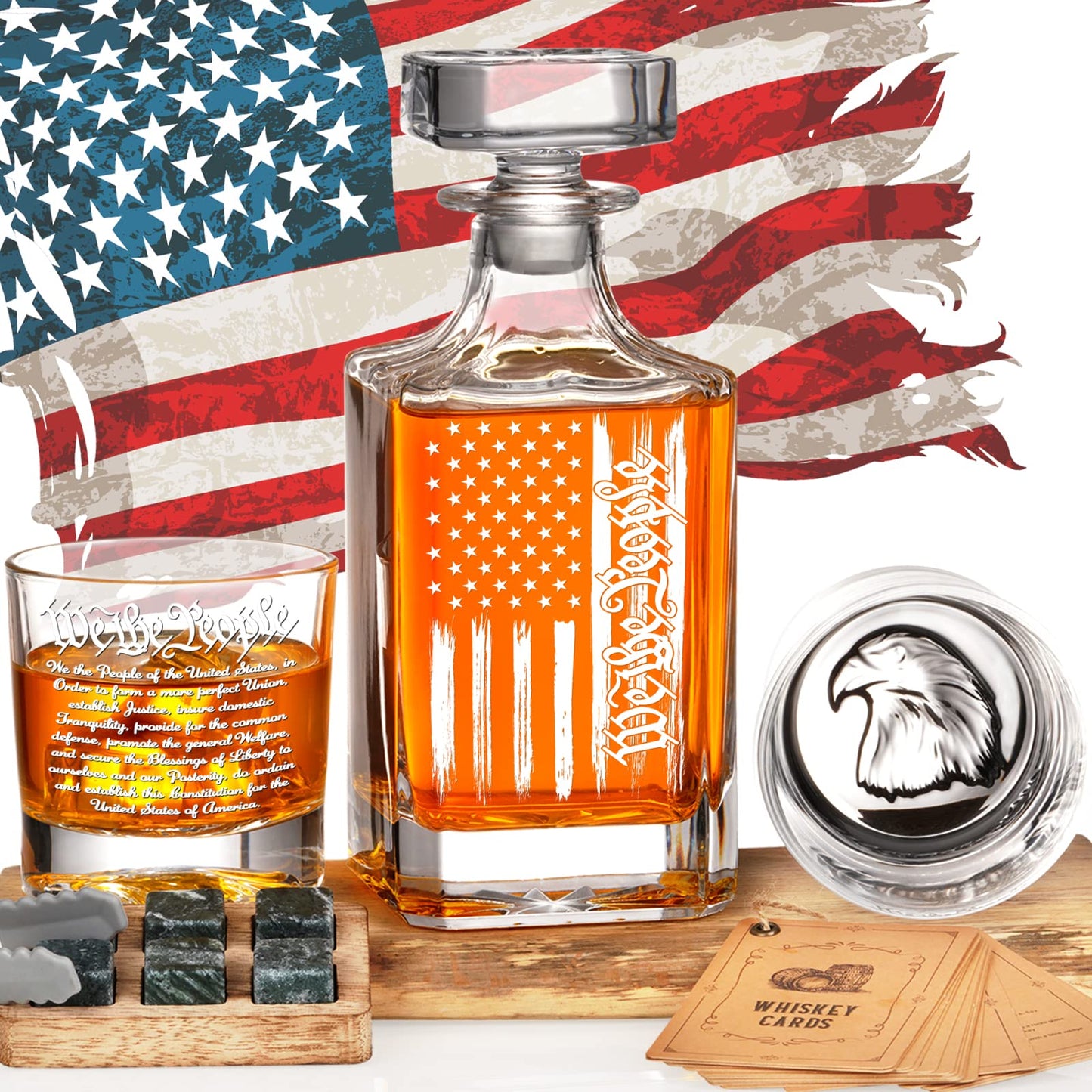 PONPUR Whiskey Decanter Engraved We The People American Flag, 750ml Whiskey Decanter Set with 2 Glasses, Fathers Day Patriotic Birthday Gifts For Men Dad, Liquor Scotch Bourbon Presents