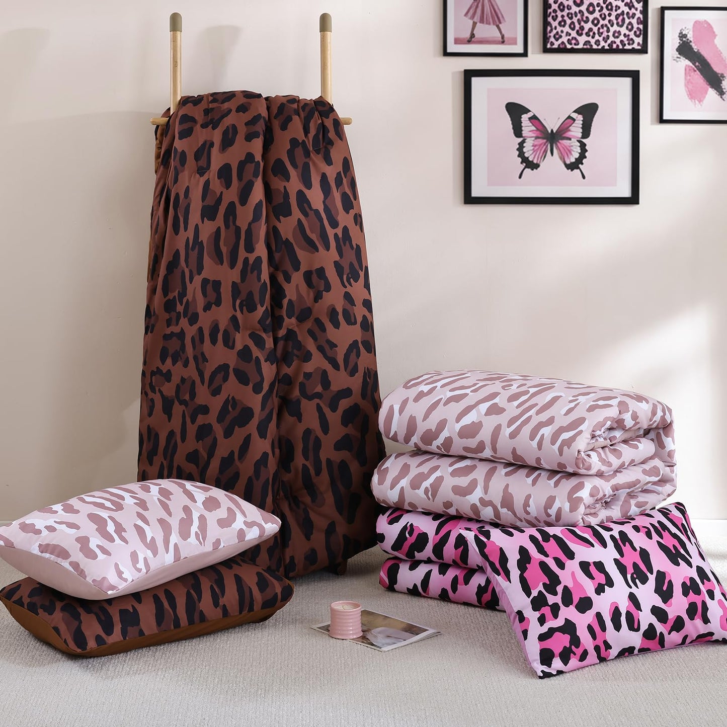 JANZAA Cheetah & Leopard Print Comforter Set Queen Size - 3 Pieces Animal Print Comforter Set, Fluffy Cozy Chic Faux Fur Brown/Pink Print Bedding Set with 2 Pillowcases for All Season