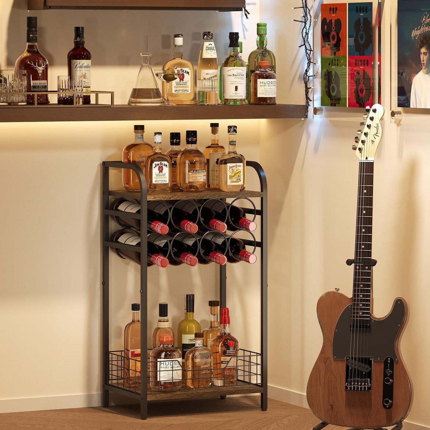 Bosimeca 3-Tier Wine Rack Freestanding Floor Cabinet Corner Bar Cabinet Bar Cart,12 Individual Wine Storage Bottle Compartments Corner Bar Cabinet Holder (3-Tier Wine Rack 07)