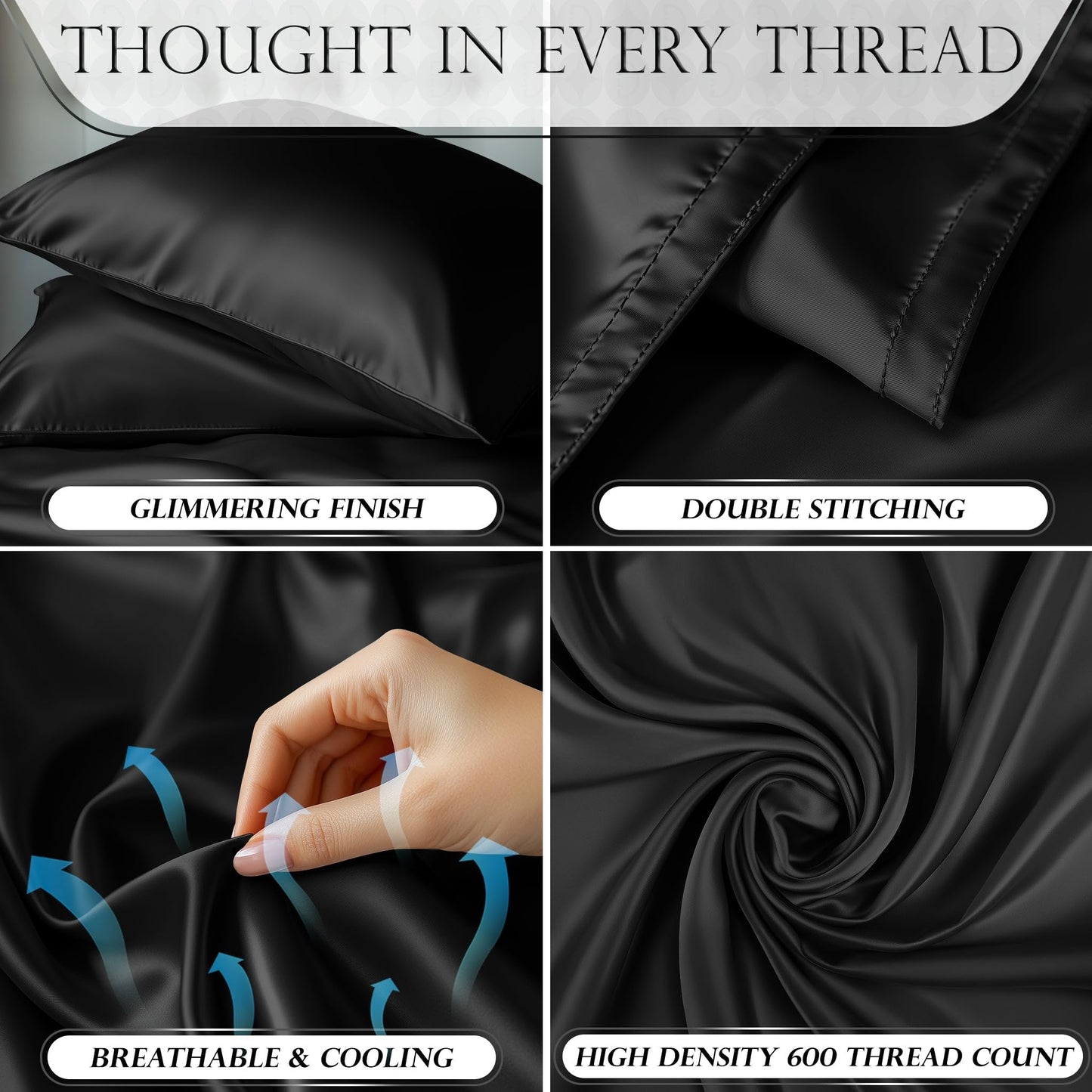 DECOLURE Satin Bed Sheets - 4 Piece Luxury Silky Queen Size Bedding Set - Softer Than Silk, Wrinkle-Free with 15” Deep Pocket Fitted Sheet, Perfect for Hair & Skin, Gifts for Women (Black)