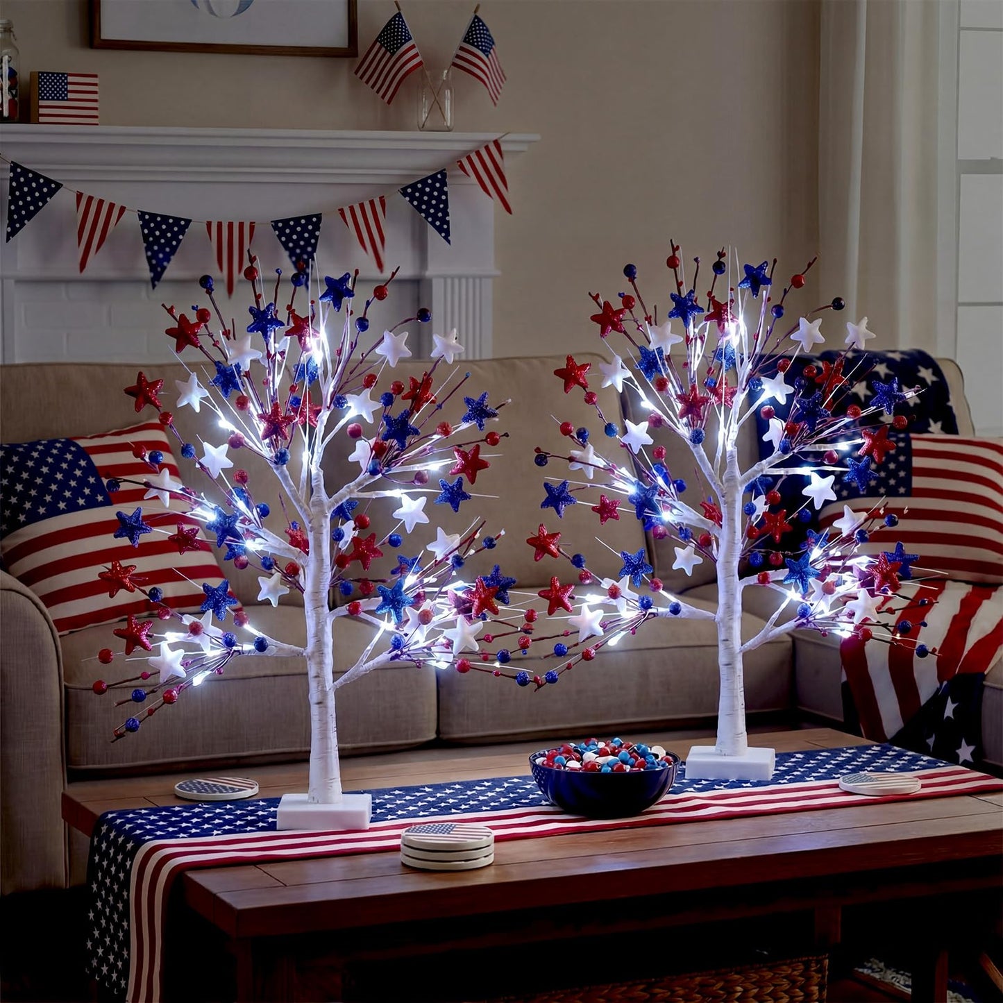 Baquler 2 Pcs 4th of July Decoration Lighted Patriotic Birch Trees with Red White Blue Star LED Battery Operated Artificial Tabletop Tree 24 Inch Memory Day Centerpieces for Home Indoor Table