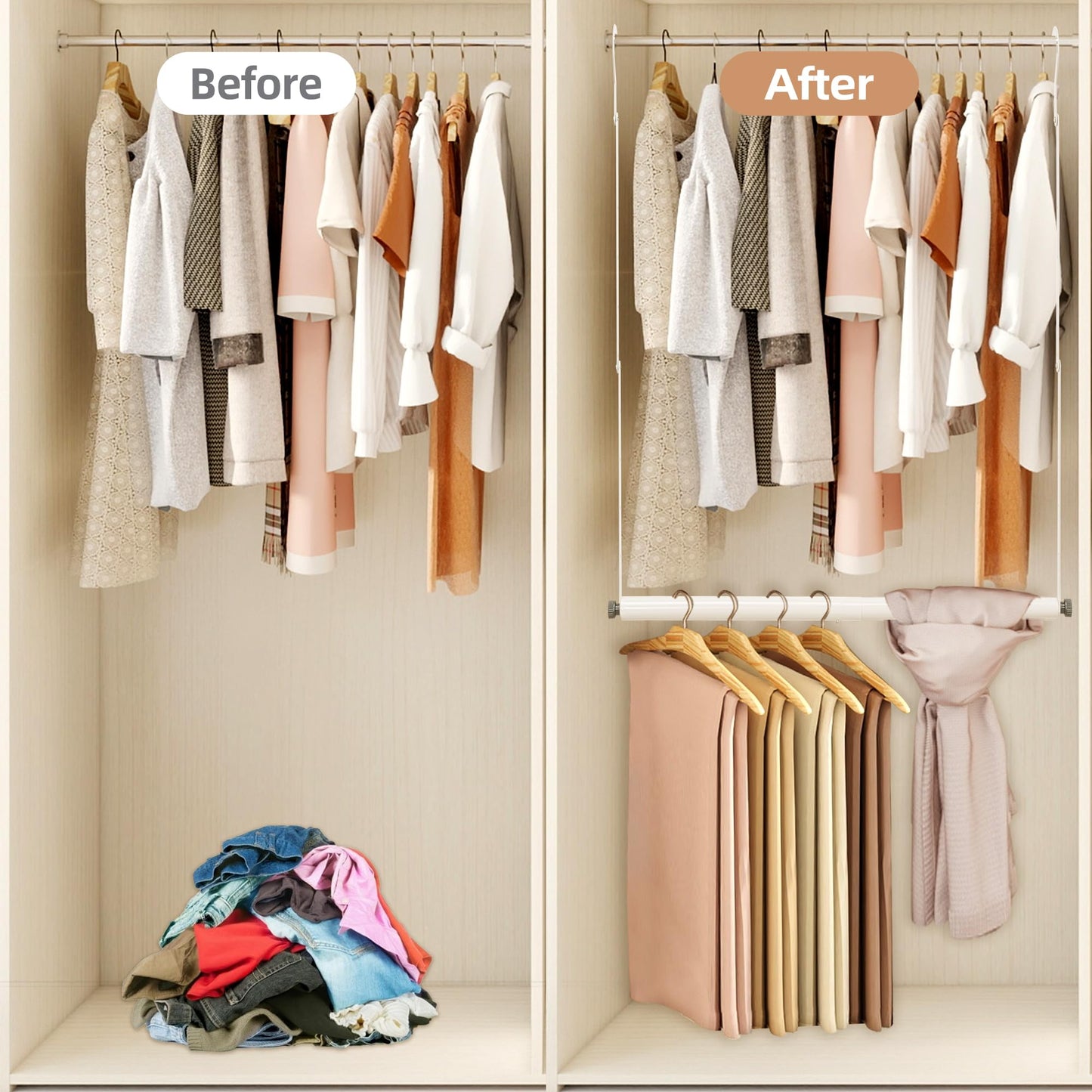 STORAGE MANIAC Adjustable Closet Rod Hanging Clothes Heavy Duty Closet Extender Hanging Rod Space-Saving Clothes Hanging Bar Double Closet Hanging Rod Hanging Closet Organizer Closet Bar,2 Pack White
