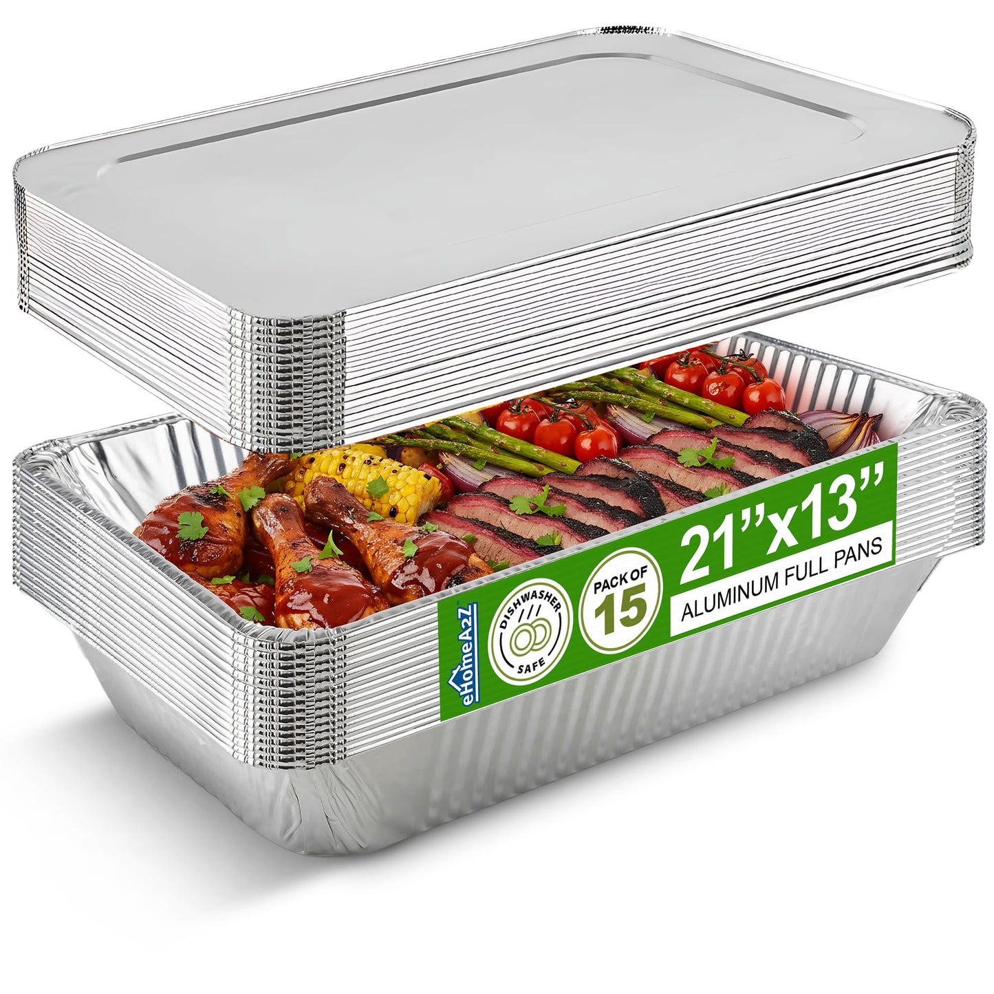 EHOMEA2Z Aluminum Pans With Lids, Large Full Size 21x13x3 Disposable Foil Pans, Heavy Duty Roasting, Baking, Broiling, Catering & Chafing Pans (15, Full-Size w/Lids)