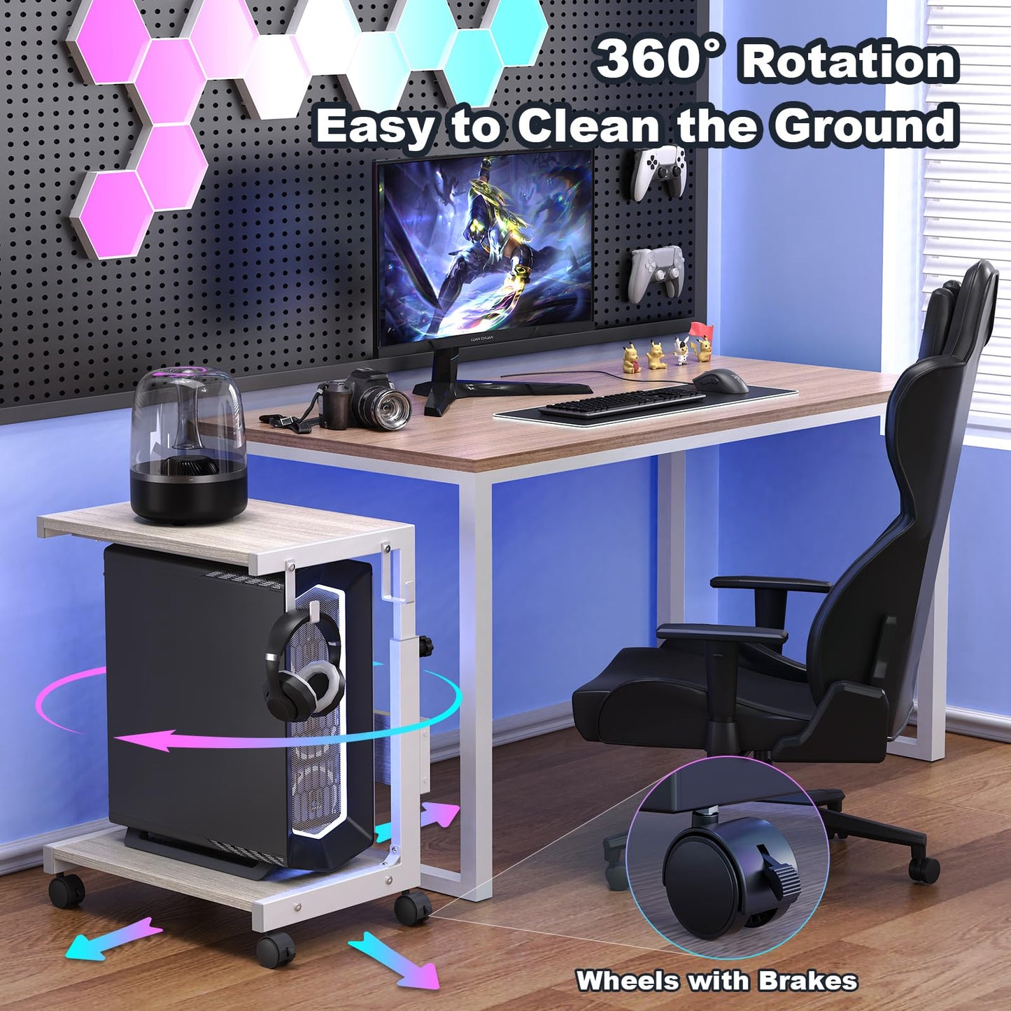 Hovadova Computer Tower Stand with Charge Station and USB Charging Port - Height Adjustable PC Tower Stand, Under Desk CPU Holder Cart with Locking Caster Wheels for Fits Most PC