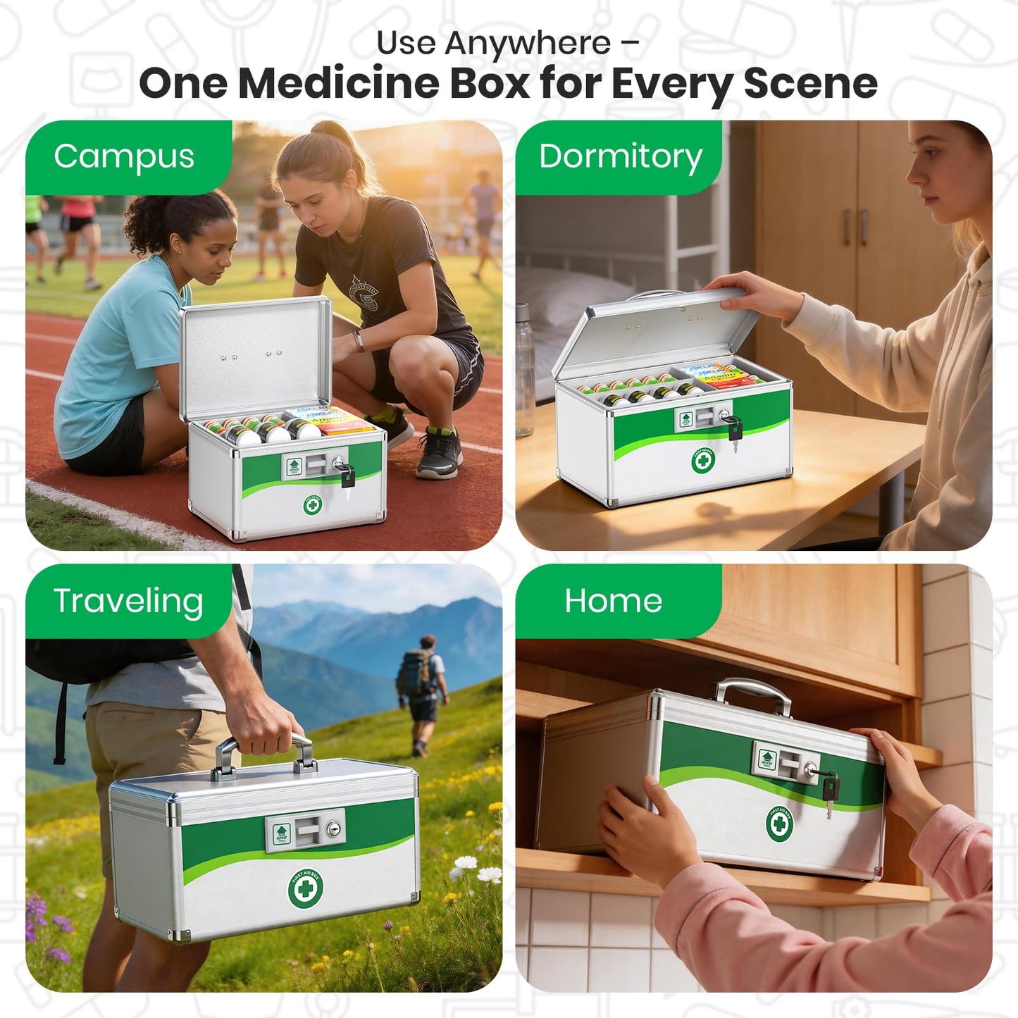 Medicine Lock Box, First Aid Safe Medication Storage Box, Layered Aluminum Daily Medicine Lockable Box with Key (Size-X-Large 16 * 9.25 * 7.5inch)