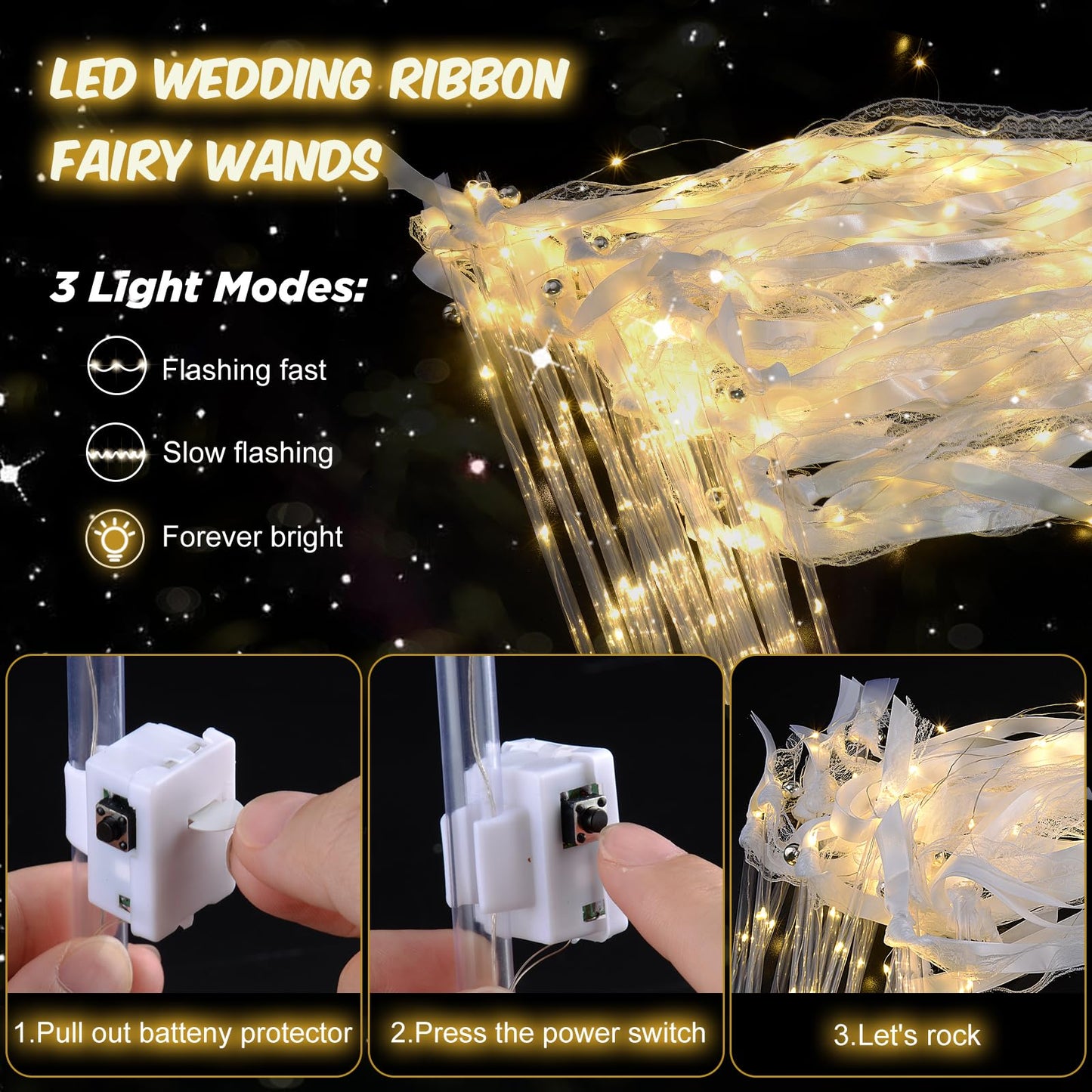 HONLYNE 28PCS Light up Wands for wedding, Wedding Wands Streamers with 3 Colorful Flashing Modes, Fairy Wands, LED Silk Fairy Wand with Bells for Wedding, New Year, Thanksgiving, Concert