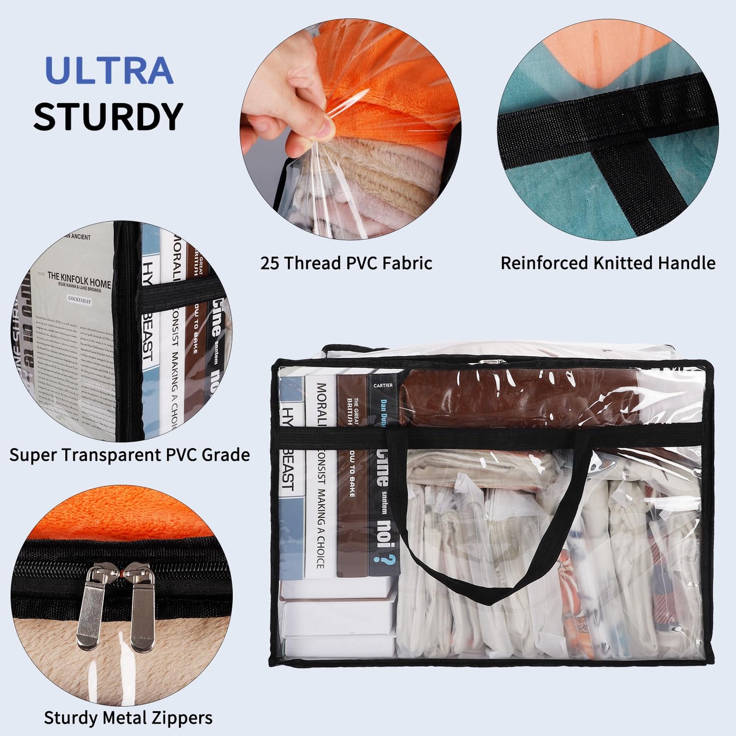 SGHUO Blanket Storage Bags 60L Extra Large Plastic Vinyl Clear Storage Bag for Clothes, Comforter, Bedding, Moving Bags with Zipper and Reinforced Handle (4pcs)