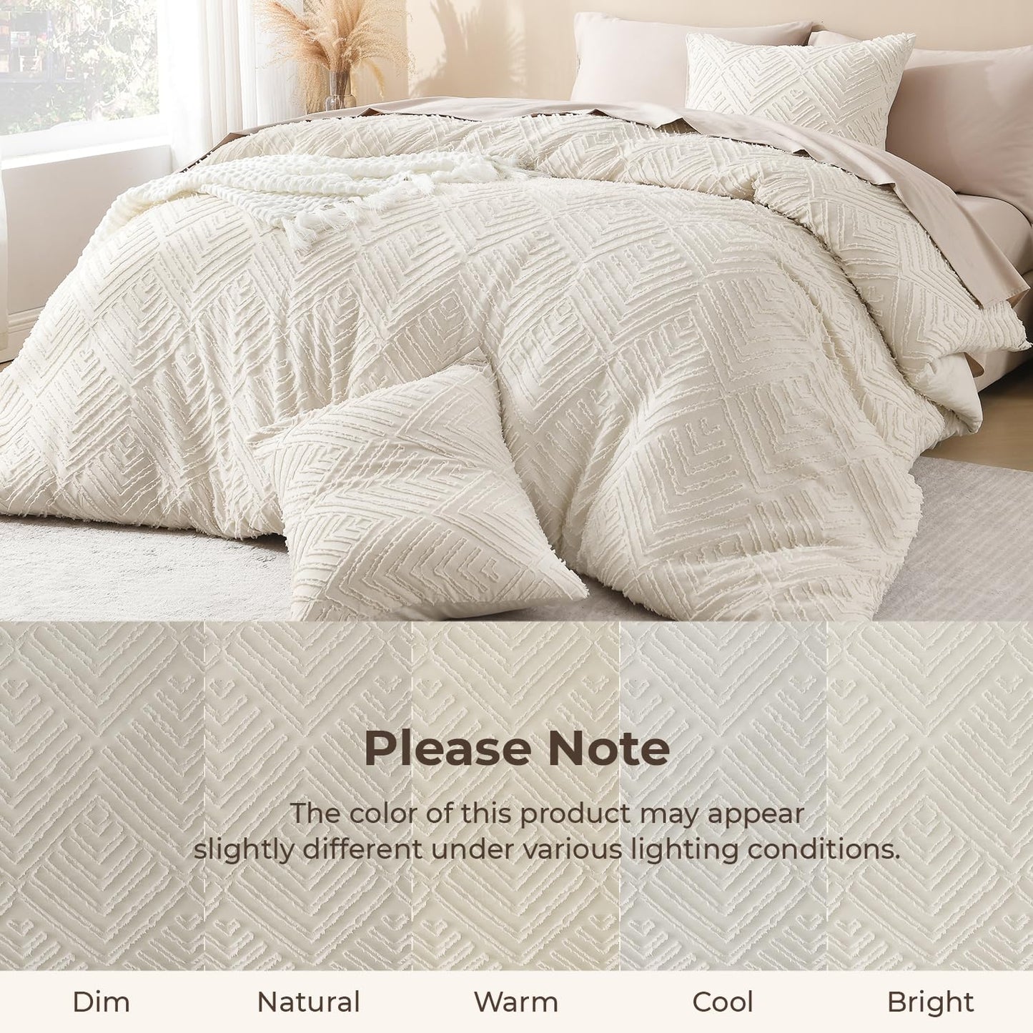Litanika King Size Comforter Set Beige, 3 Pieces Cream Tufted Boho Farmhouse Bedding Comforter Sets, Lightweight Fluffy Comforter Bed Set for All Season (104x90In Comforter and 2 Pillowcases)