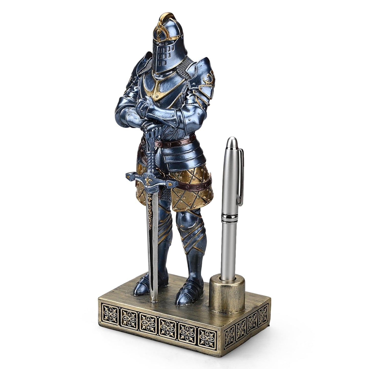 Amoysanli Knight Pen Stand Decoration Resin Pen Holder Art Craft Paperweight for Desktop Organizer Festival Gifts for Boyfriend Husband Dad Son(Blue)