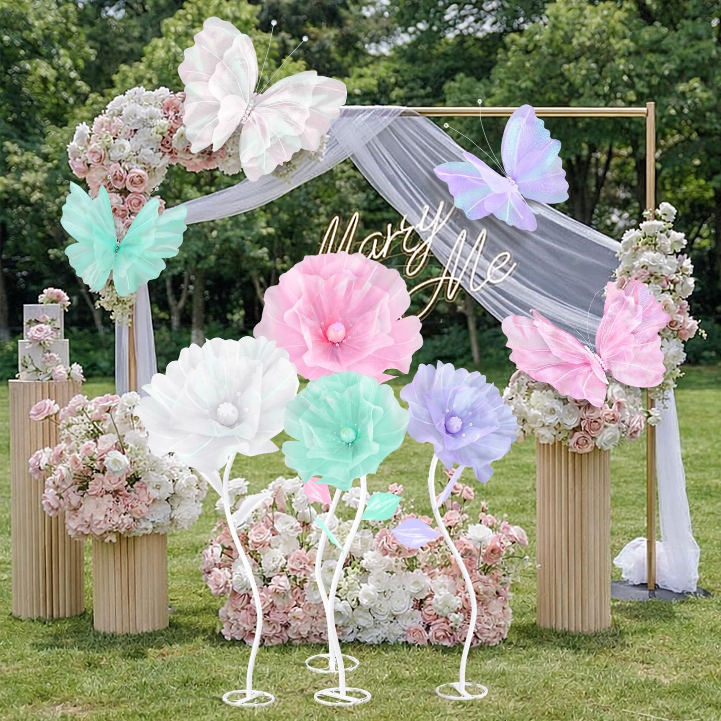 Cinnvoice 8 Pcs Large Butterfly Flower Decorations 20 Inch 12 Inch 3D Giant Silk Butterfly Big Flower Mariposas Grandes para Decoracion for Wedding Backdrop Birthday Party(Pastel)