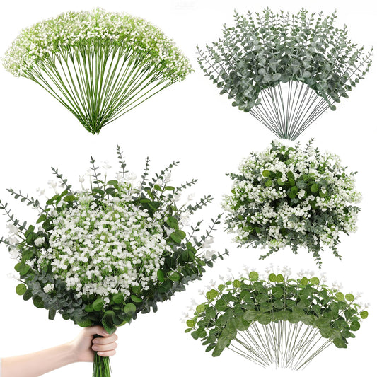 Suaycy 110pcs Mixed Faux Greenery: Real Touch Babys Breath Artificial Flowers Bulk, Eucalyptus Stems & Frosted Silver Dollar for Rustic Wedding Decor, Boho Farmhouse Table Centerpieces