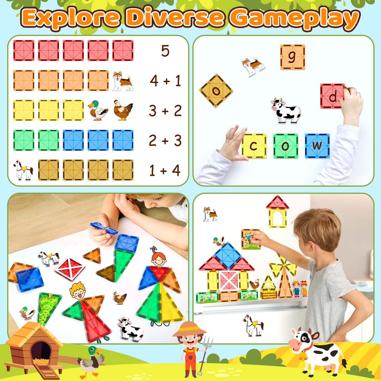 Magnetic Tiles with Farm Animals, Magnetic Blocks Building Toys for 3+ Year Old Toddler, Construction STEM Magnet Toys Gift for Kids, Boys and Girls 3 4 5 6 7 8+ Year Old