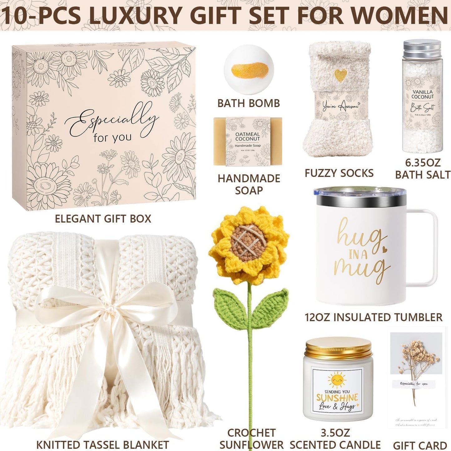 Birthday Gifts for Women Self Care Get Well Soon Gift Baskets, Spa Care Package Thinking of You Gifts, Sending Sunshine Box Unique Christmas Sunflower Gift for Women Mom Her Best Friends Sister Wife