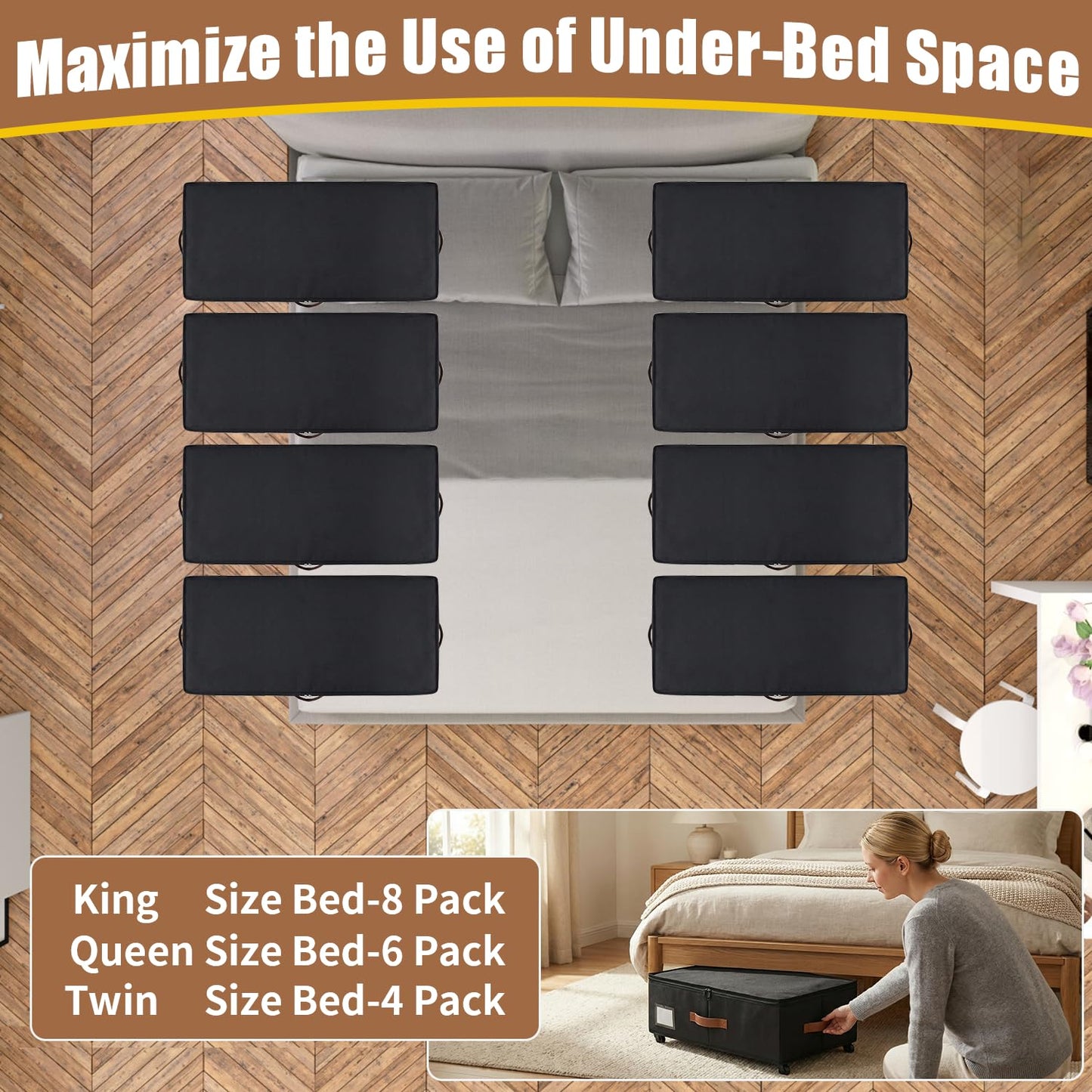 Under Bed Storage Containers with Wheels 2-Pack , 9.5" Tall Underbed Storage Drawers Organizer Bins for Clothes Shoes Toys Wrapping Paper with Extra Interior Pockets, Easy Pull-out, Heavy-duty