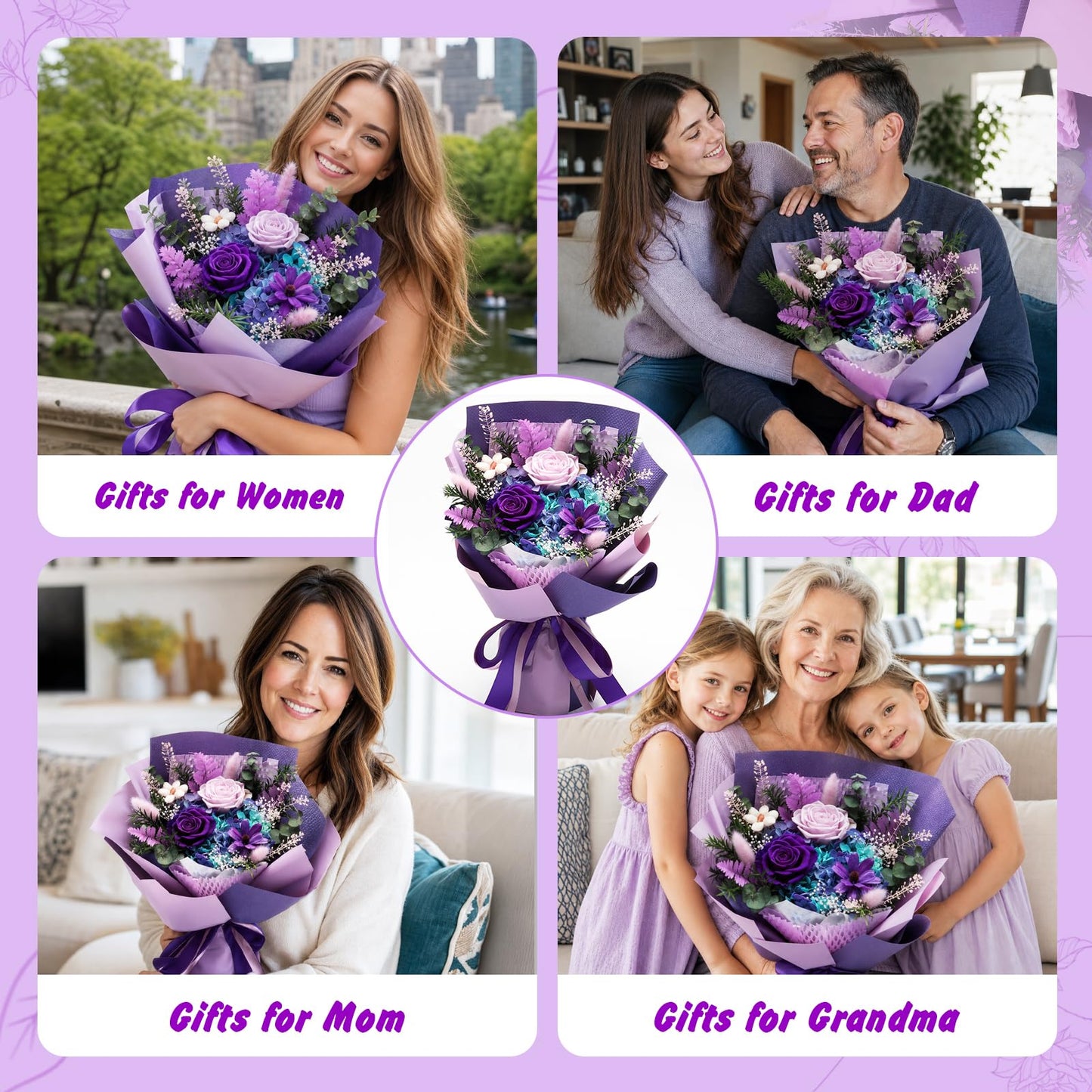 iLovDesign Preserved Flowers Bouquet, Long Lasting Floral Arrangement with Gift Box, Ideal for Mom, Wife, Women & Friends (Deep Purple)