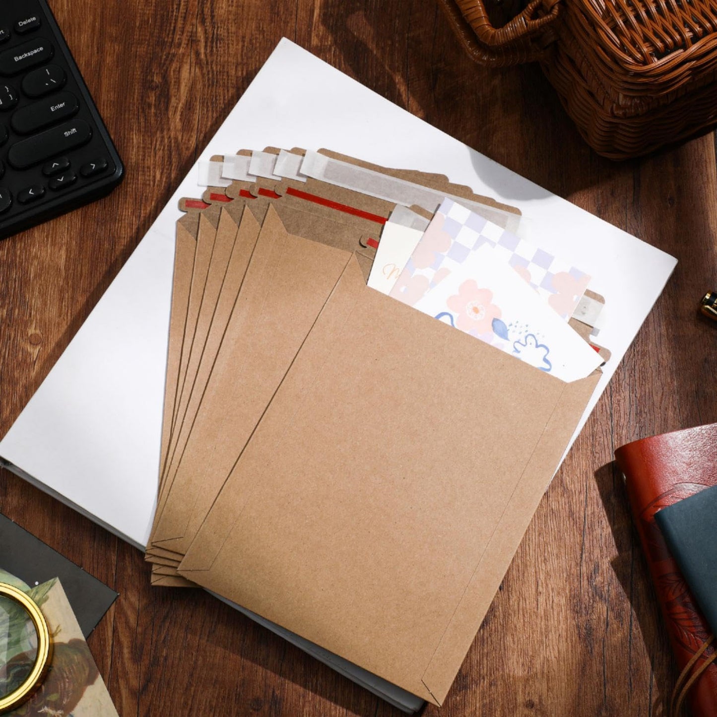 Fainne 200 Pack 6 x 8 Inch Rigid Mailers Self Adhesive Seal Photo Document Mailers 250gsm Keep Flat Kraft Photography Cardboard Envelopes for Shipping Cd, Photo, Gift Card, Document, Paper