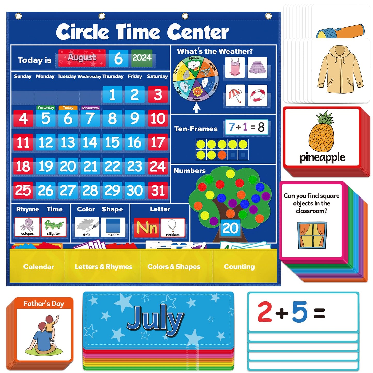 Skillify Circle Time Learning Center Pocket Chart Classroom Calendar for Kids, Weather Chart Counting Alphabet Ten Frame Color, Kindergarten Preschool Classroom Must Haves Pre K Learning Activities
